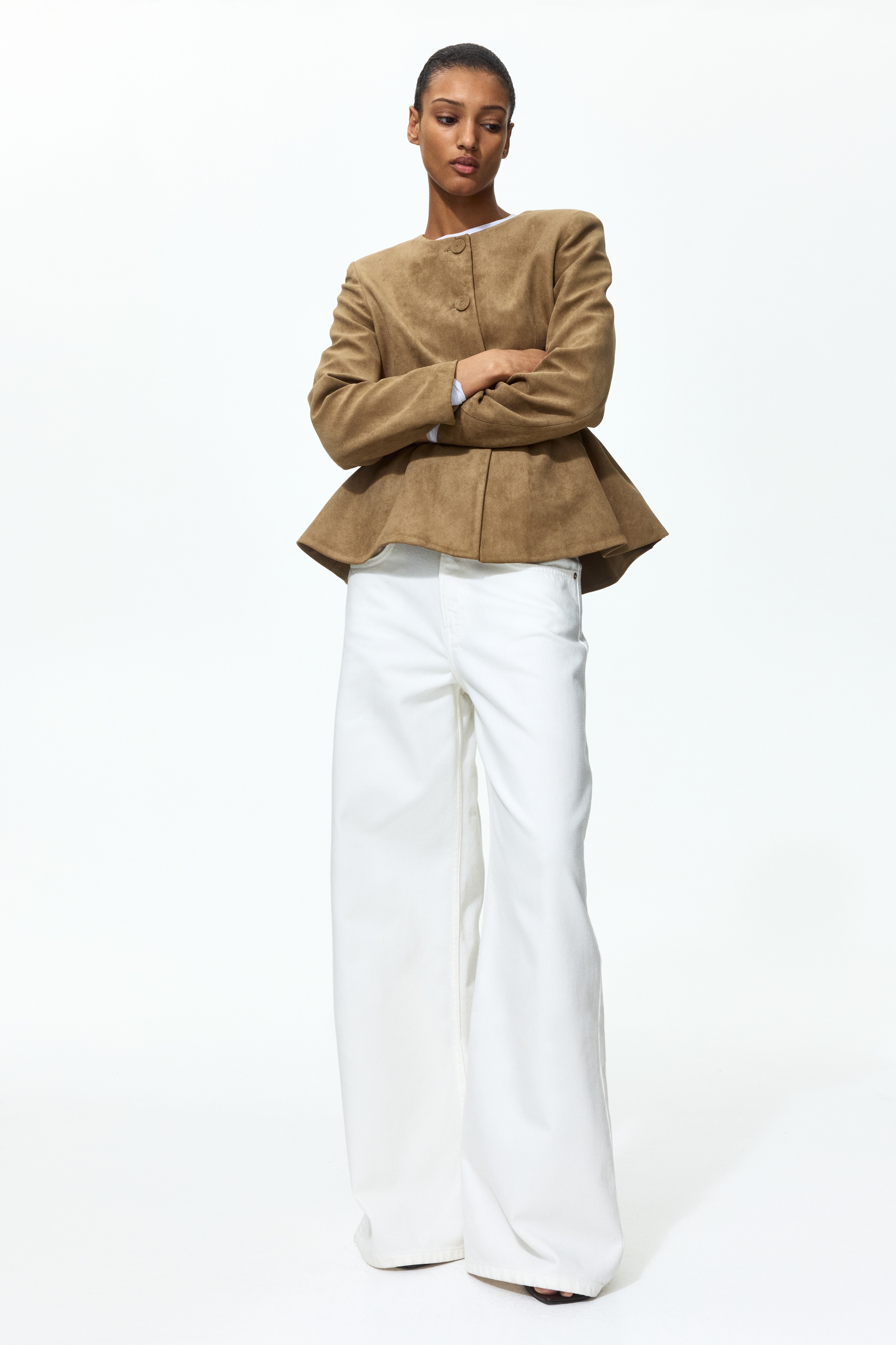 Kragenlose Jeansjacke - Dunkelbeige/Denimblau