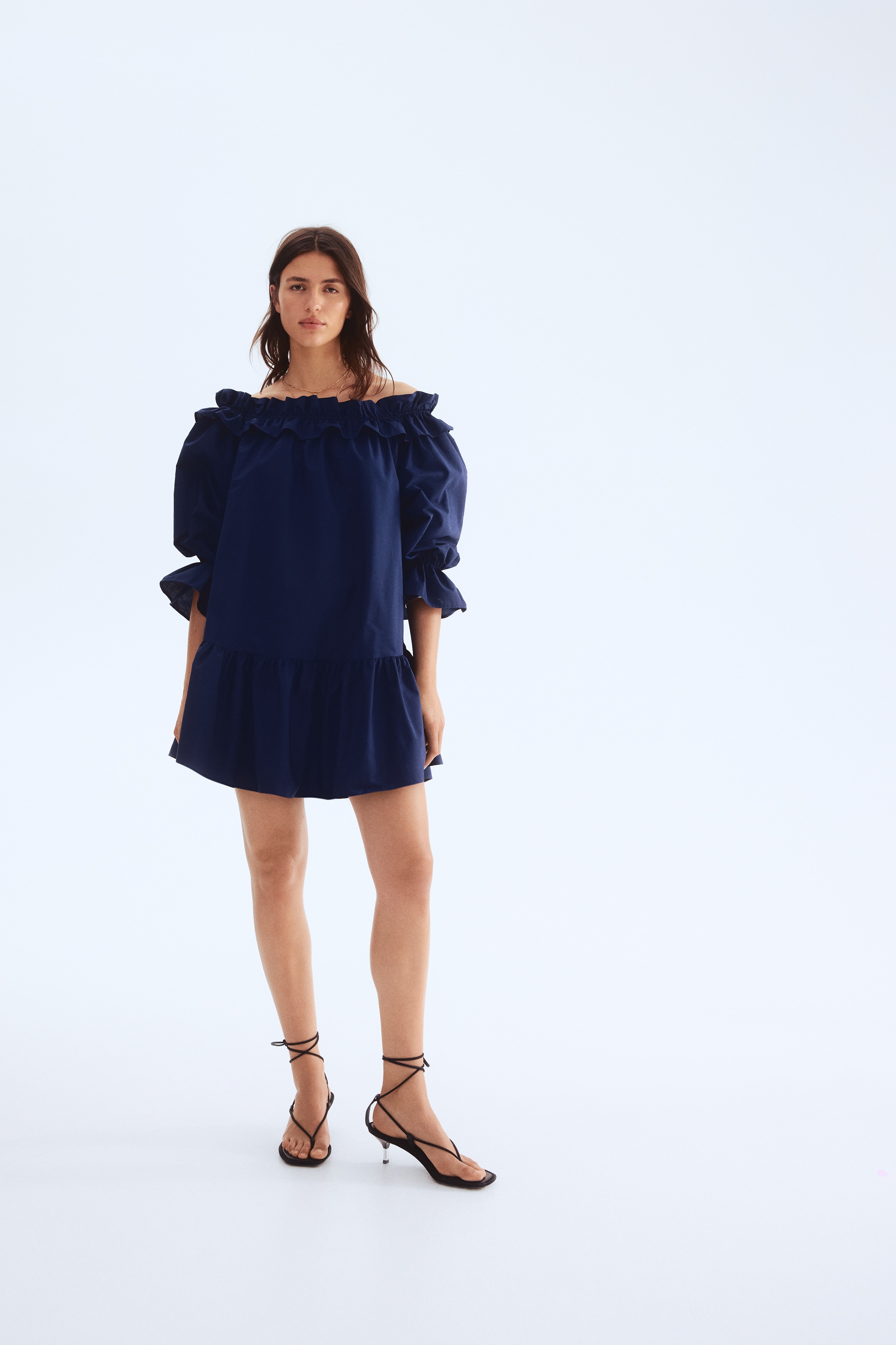 Off-the-Shoulder Poplin Dress - Navy blue - Ladies | H&M US