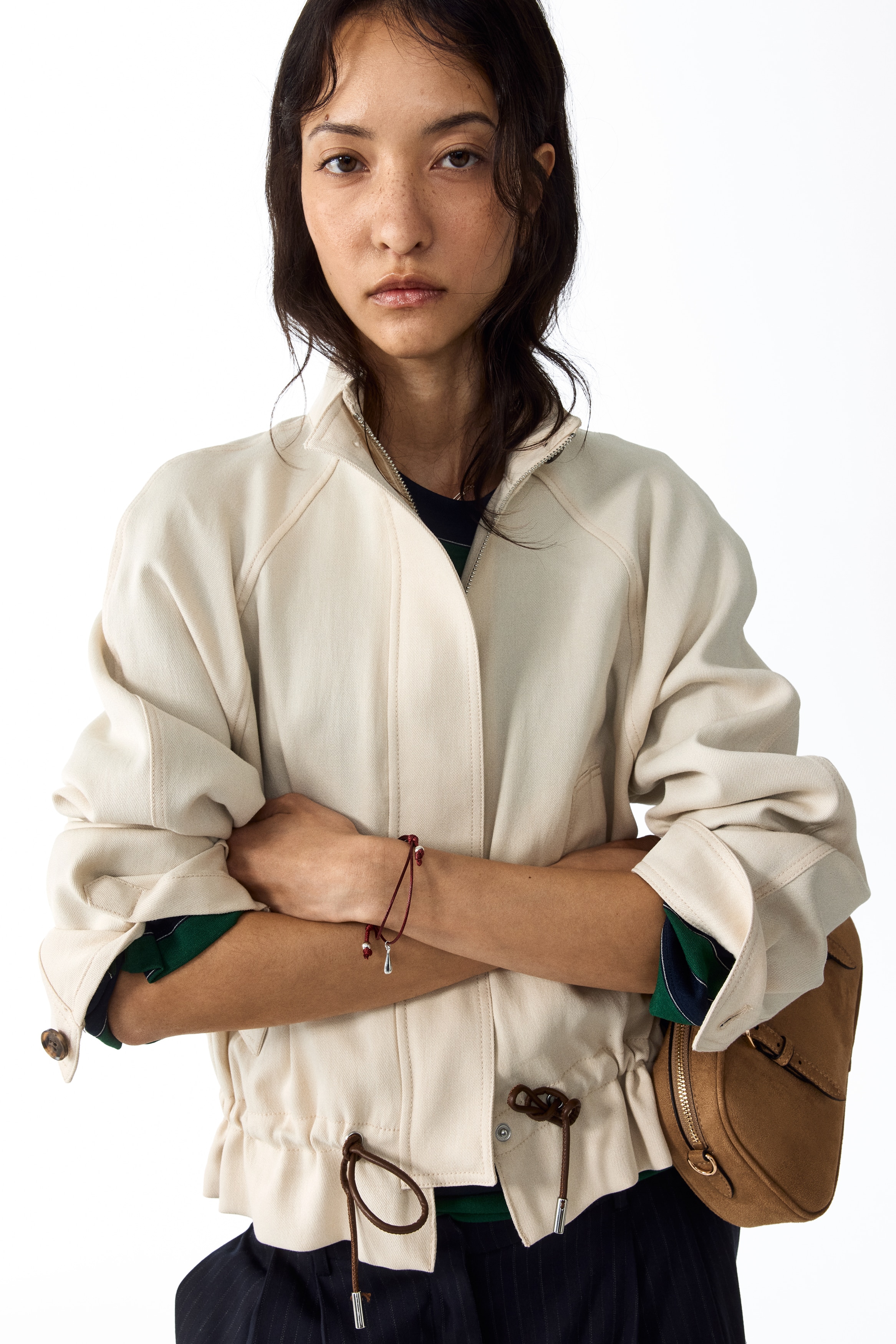 Oversized jakke i hørblanding - Lys beige/Mørk beige
