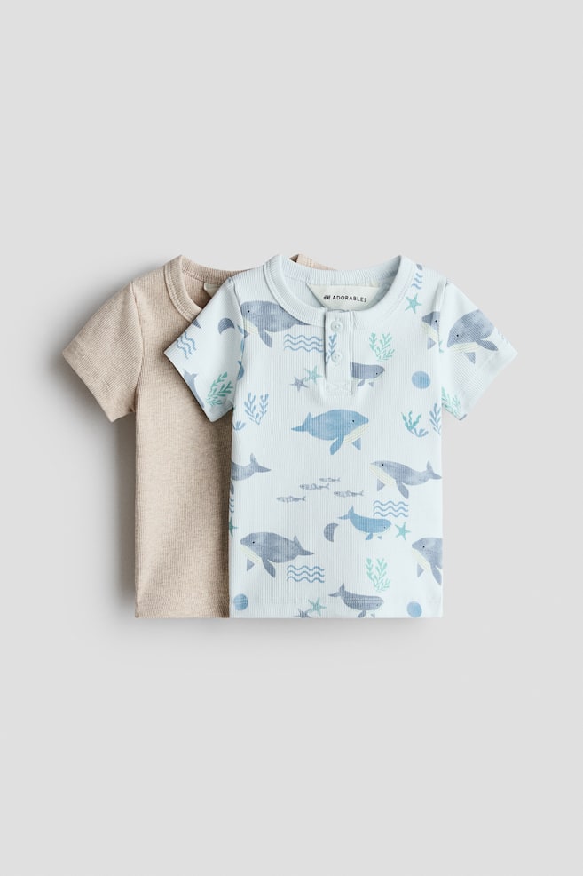 2-pack Cotton Henley Shirts - Light blue/whales/Navy blue/boats/Khaki green/gray melange/Light blue/striped - 1