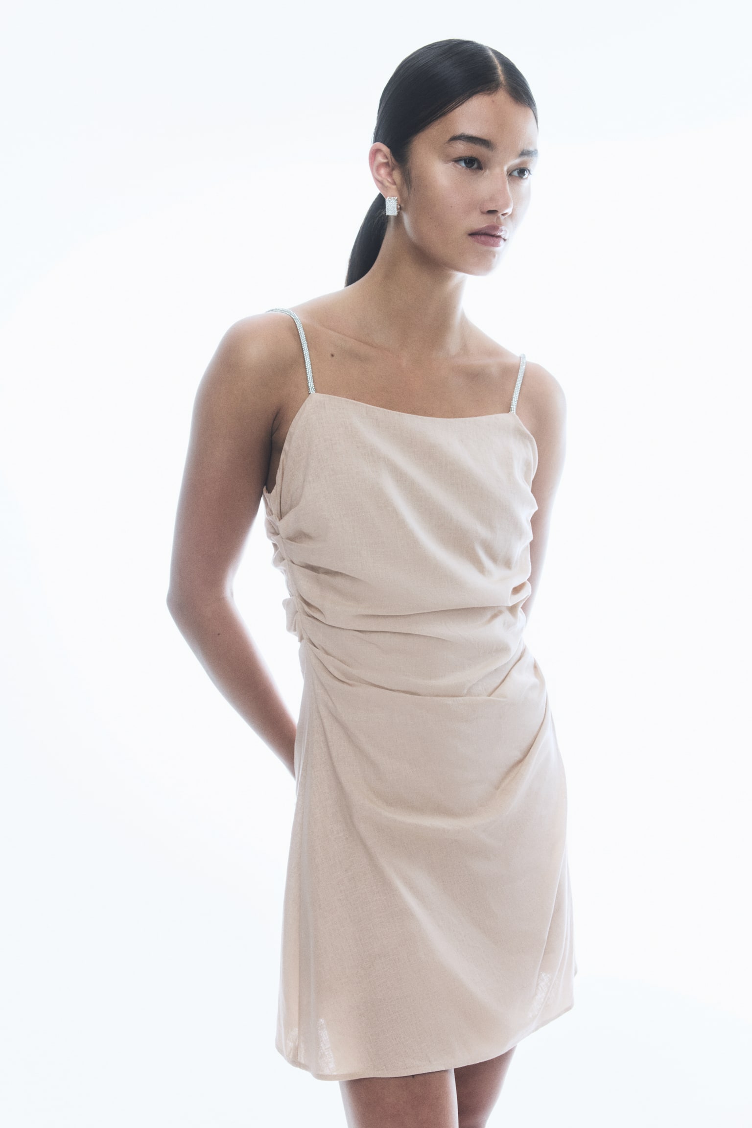 Linen-blend rhinestone-strap dress - Light beige/Cream/Black - 5