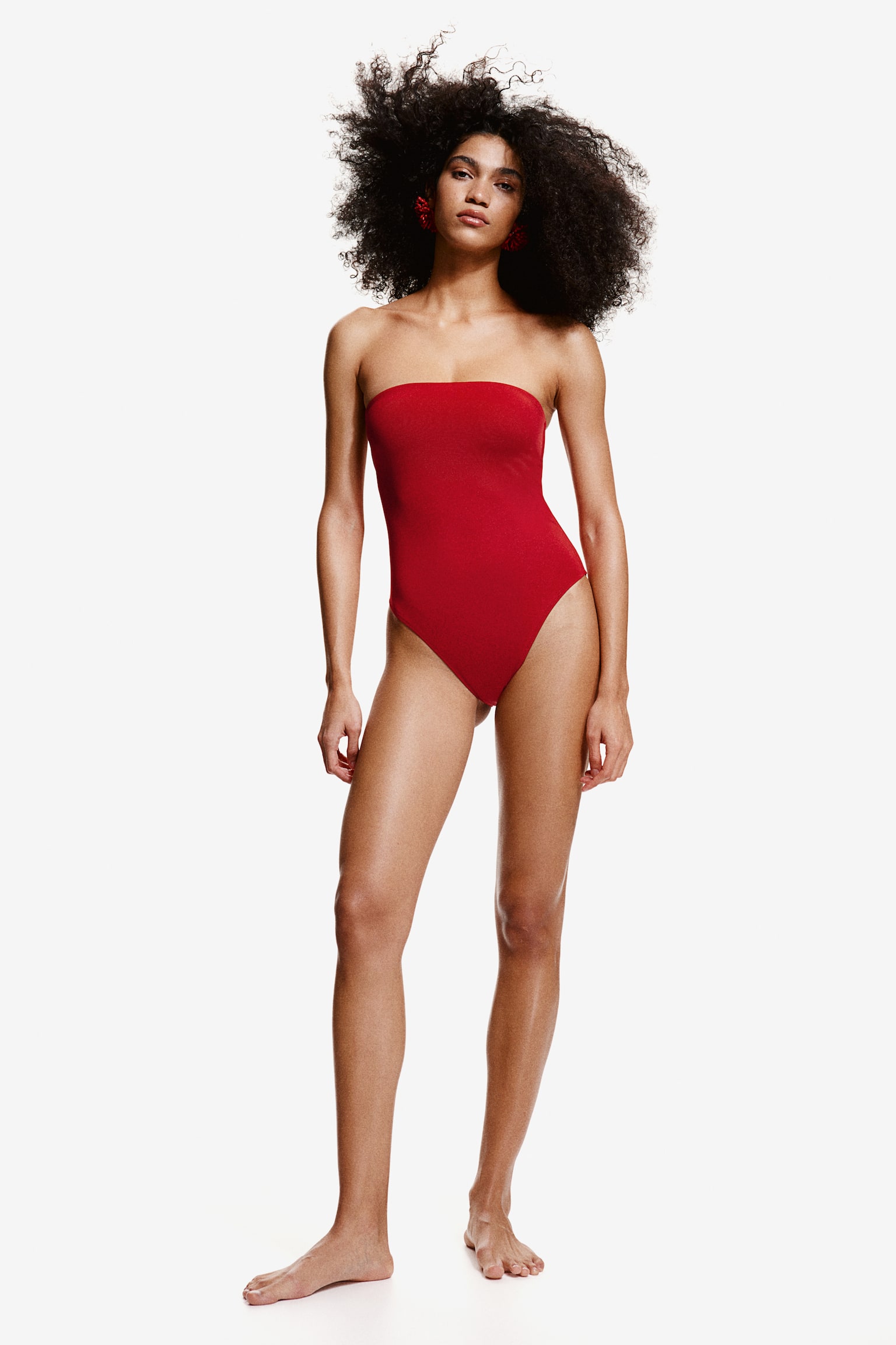 Padded Cup High Leg Bandeau Swimsuit - Red - 6