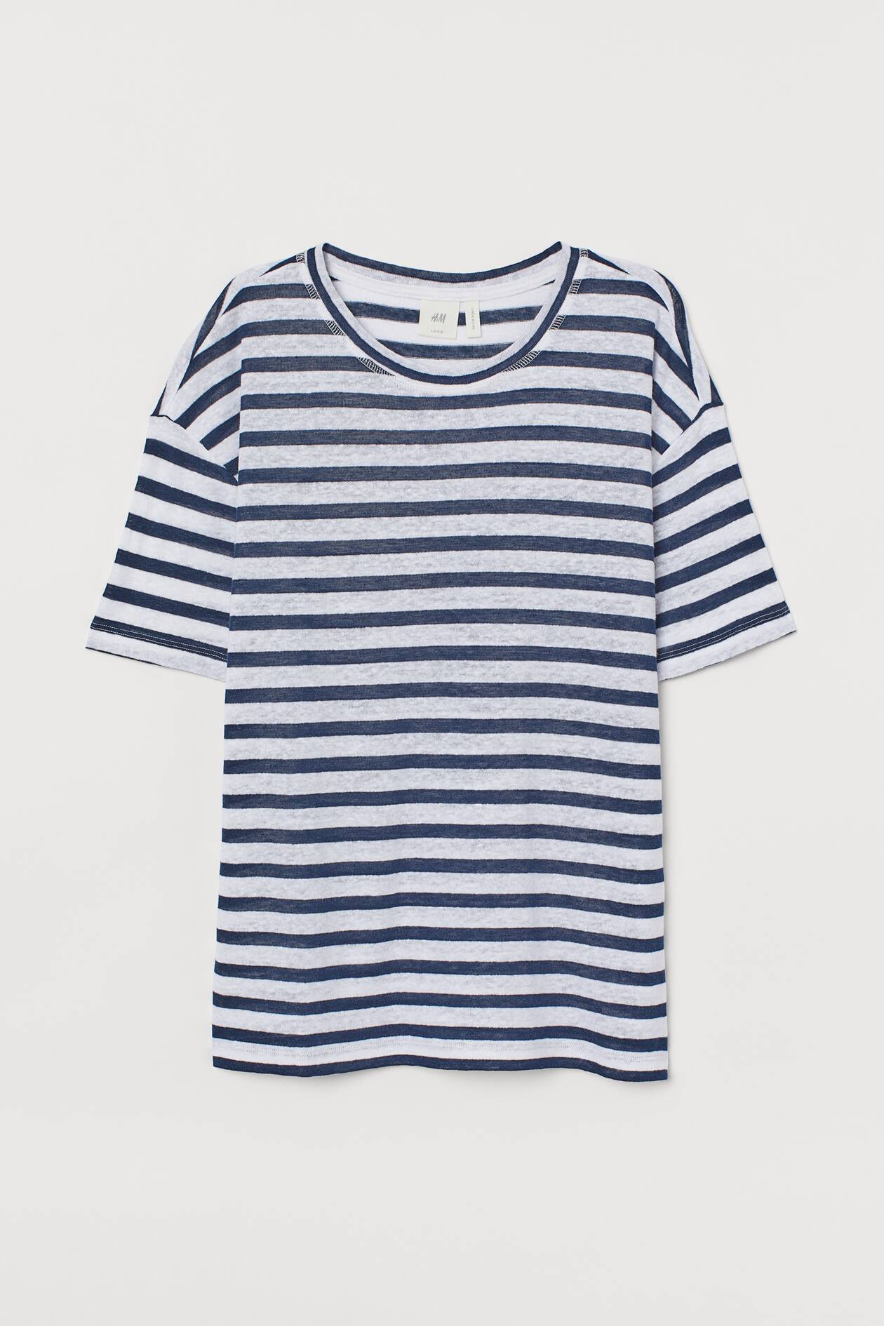 Linen-blend T-shirt - Dark blue/white striped - Ladies | H&M US