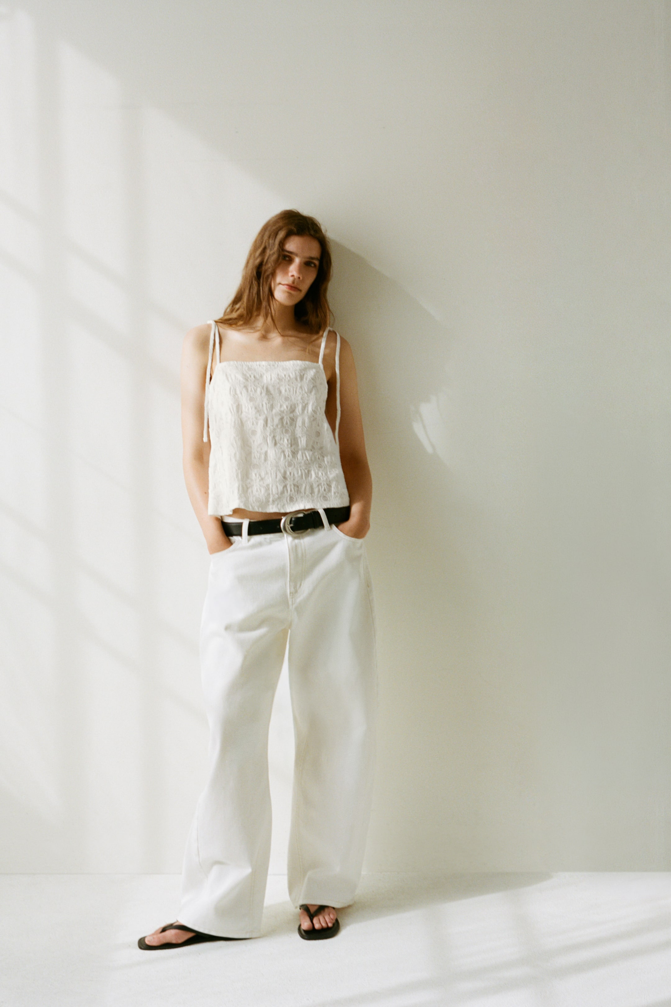 Jacquard-Weave Tie Shoulder Strap Top