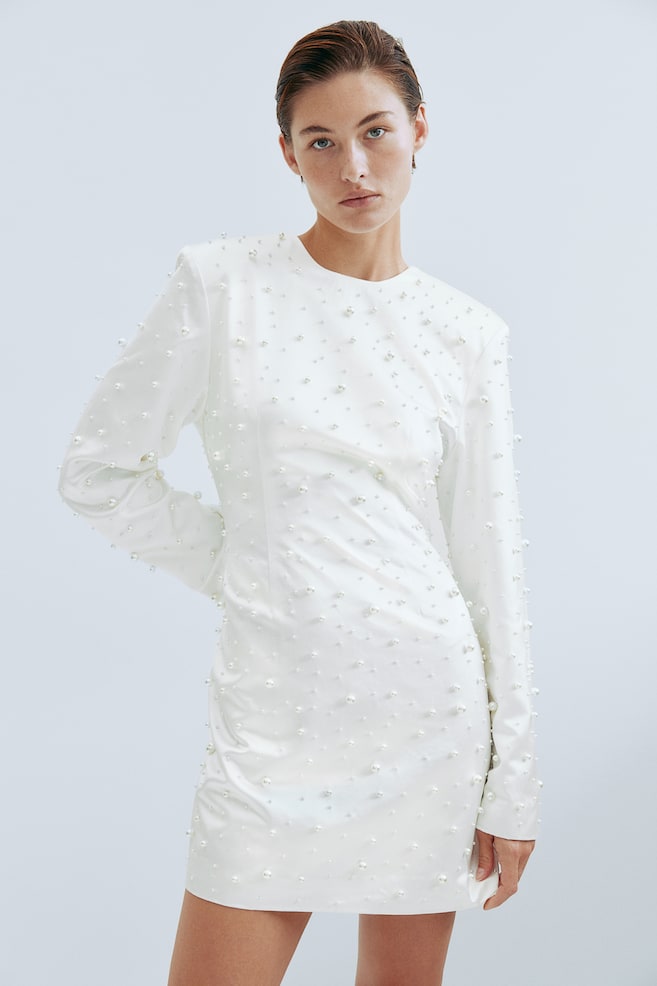 Bead-embellished satin dress - White - 1