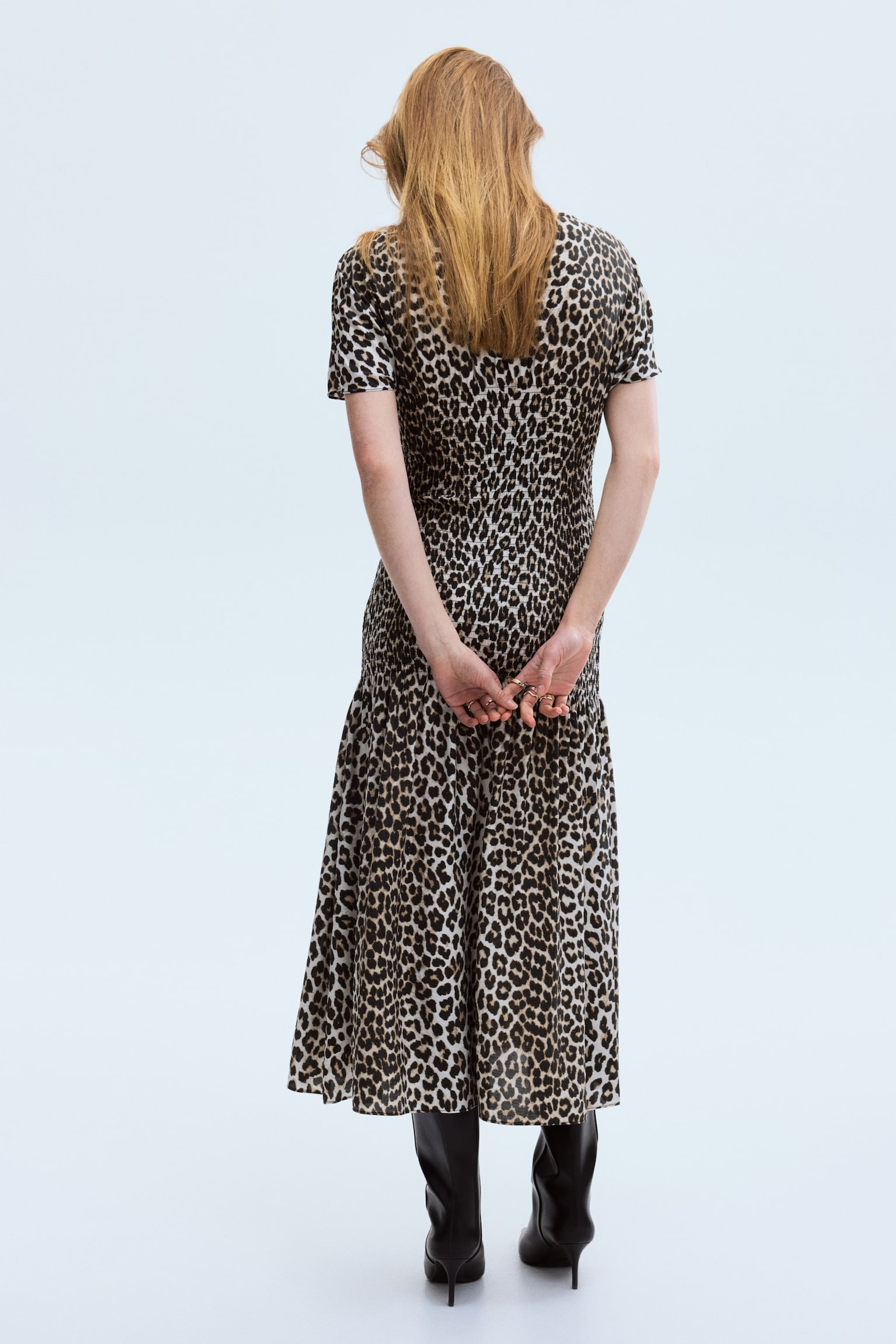 Smocked-detail dress - Light beige/Leopard print/Black - 5