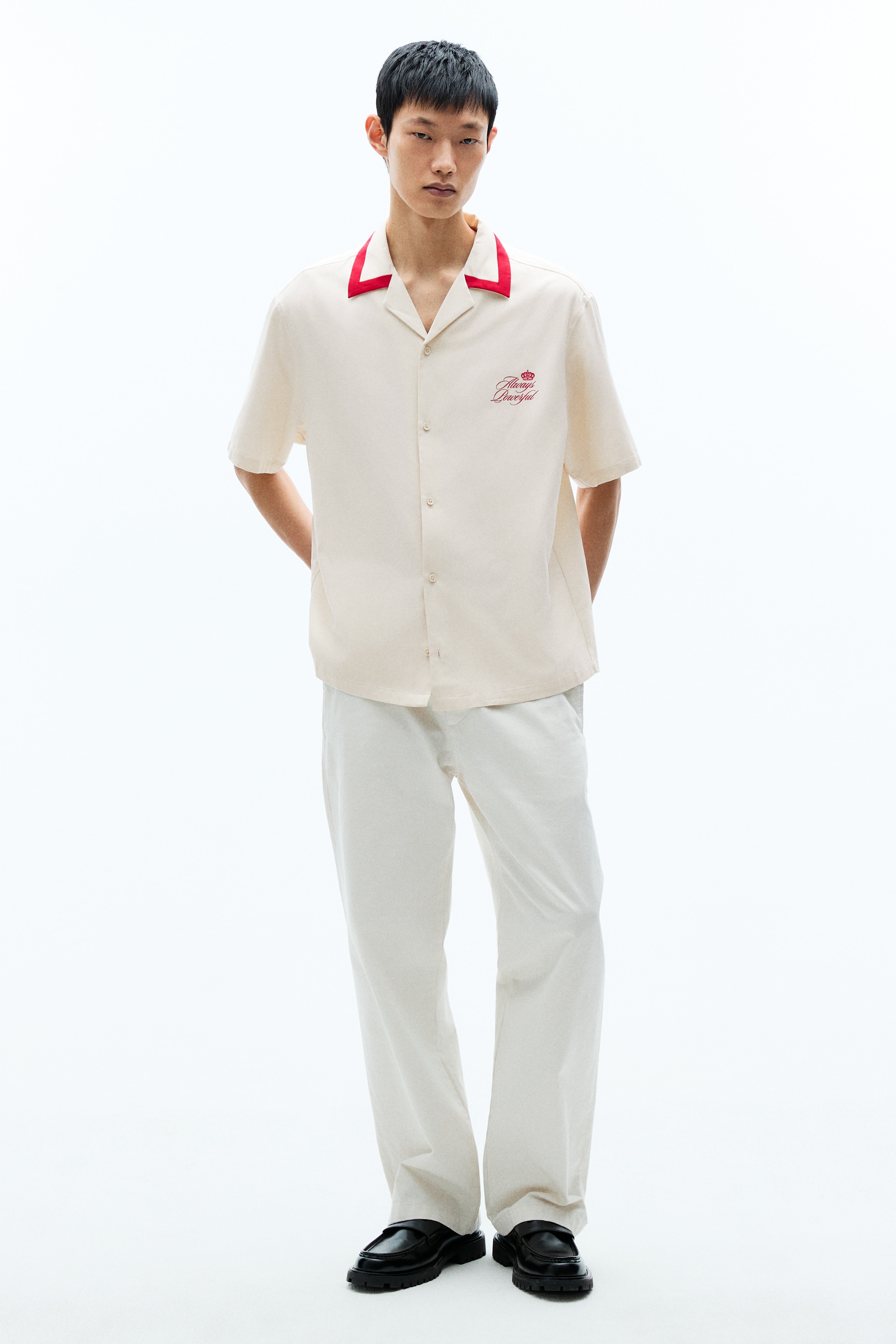 Áo sơ mi cổ hai ve in hình Loose Fit - Màu be nhạt/Always Powerful/Màu đen/Unity