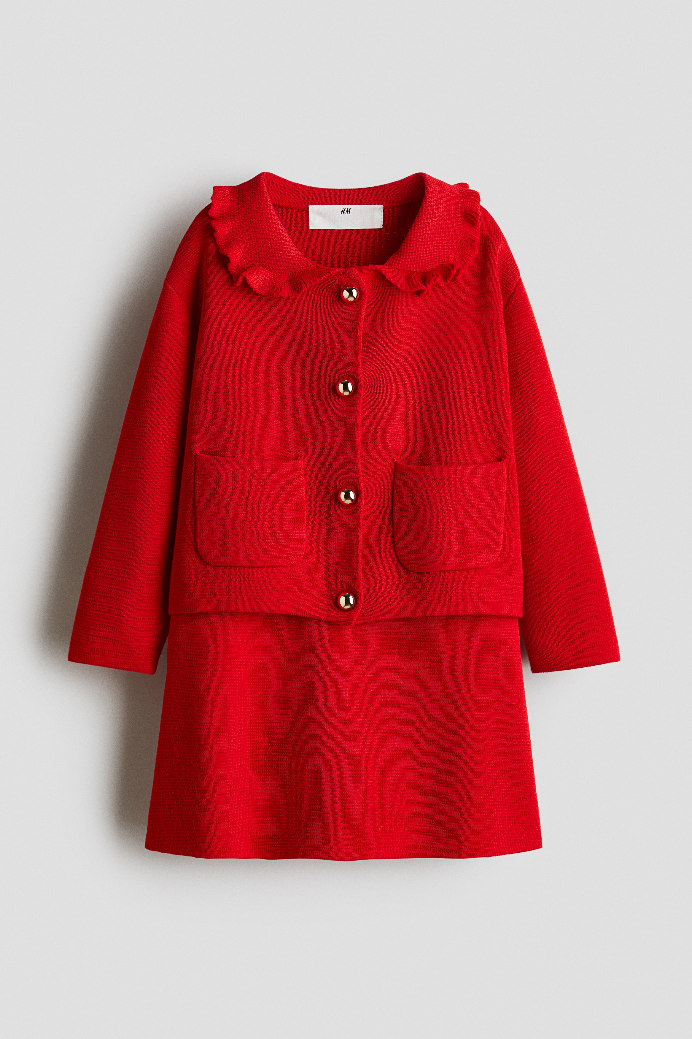 2-delt finstrikket sett - Rød/Sort/Hvit stripet/Lys beige