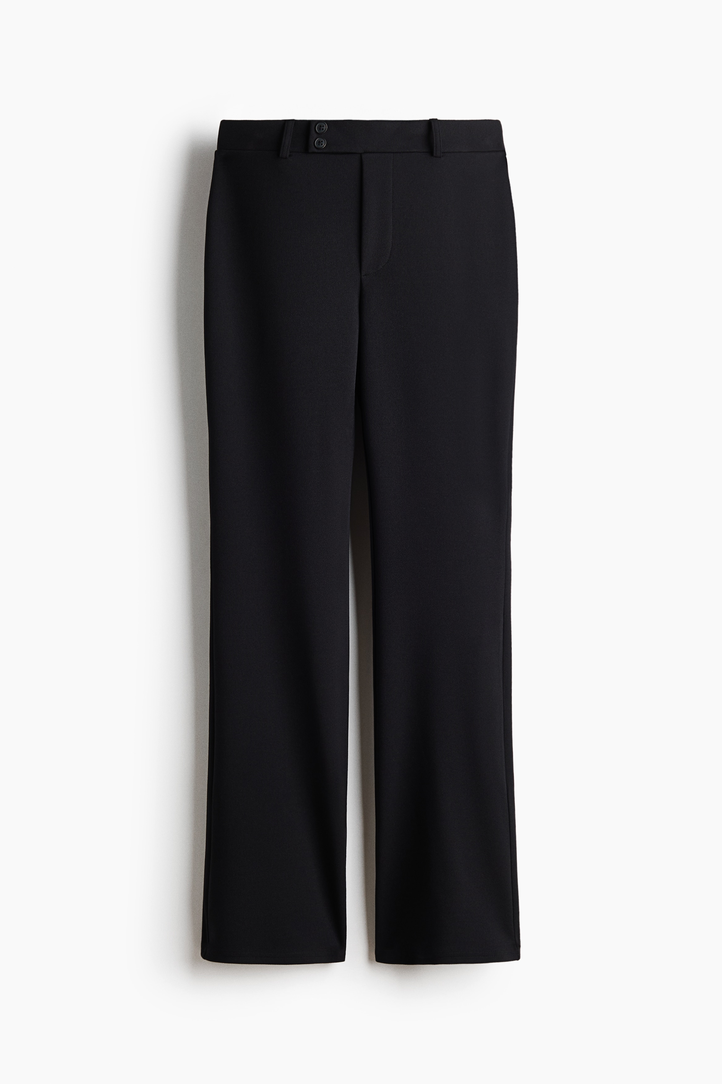These black trousers are shown from the front, showcasing a straight-leg silhouette and a structured waistband. The waistband features belt loops and a vertical double-button closure above a concealed zip fly.