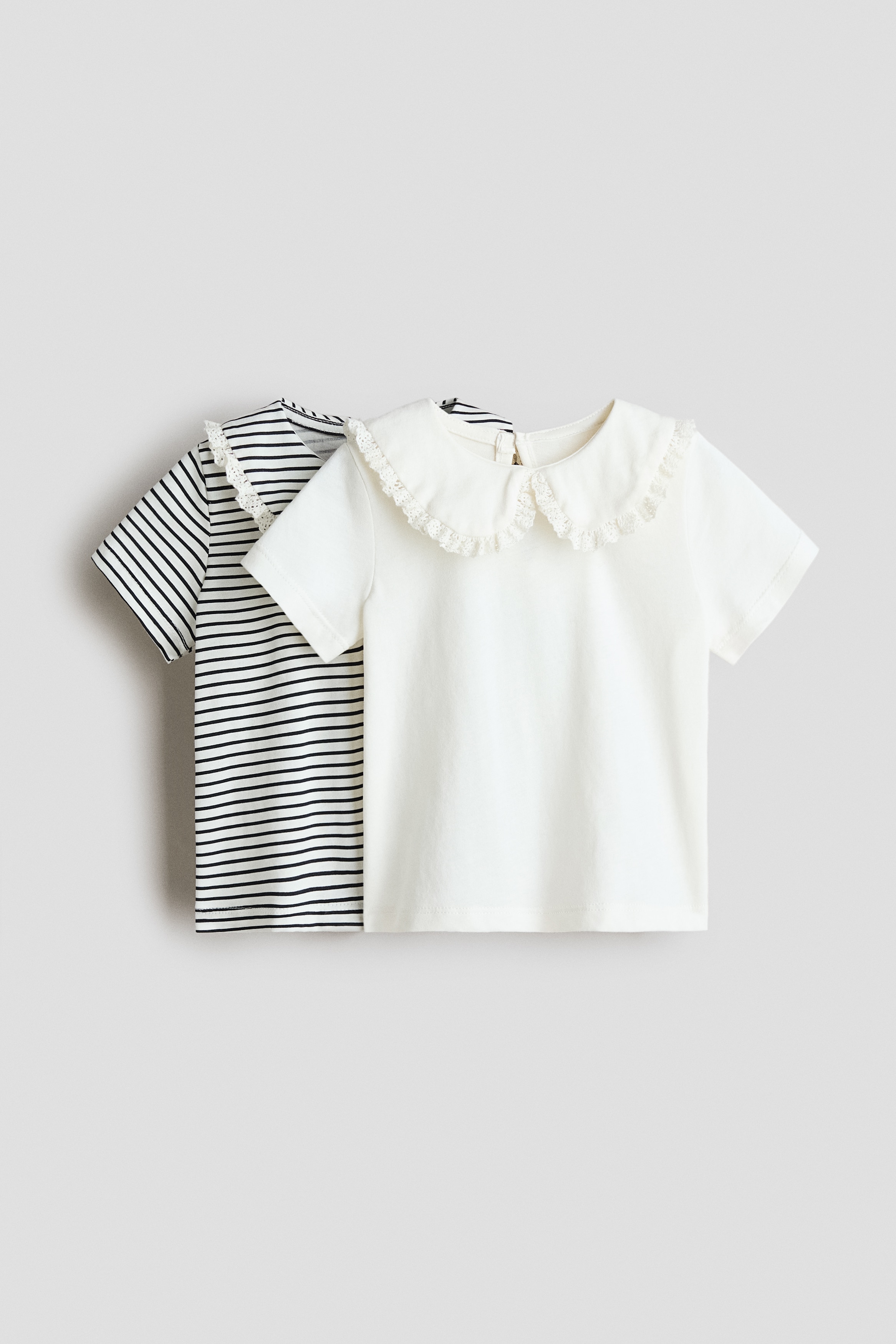 2-Pack Cotton Tops with Collar - Cream/gray striped