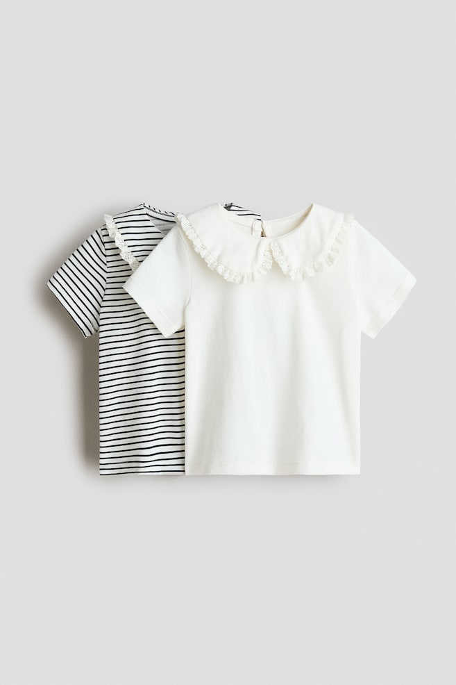 Lot de 2 tops en coton avec col - Crème/rayures grises/Prune/pois/Rose clair/fleuri - 1