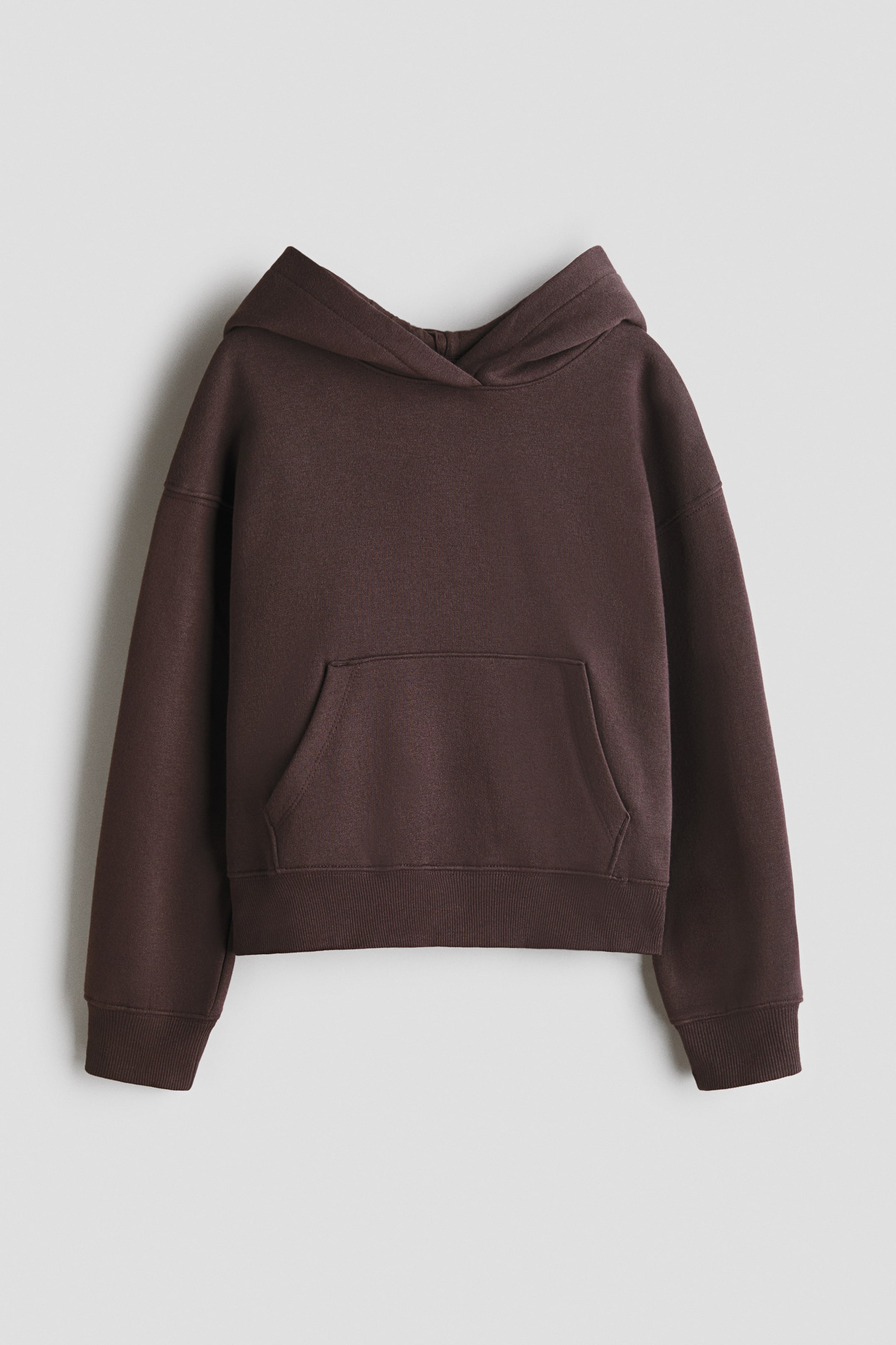 View larger image: A dark brown hoodie is shown facing forward, featuring a hood, a large front kangaroo pocket, ribbed cuffs, and a ribbed hem.