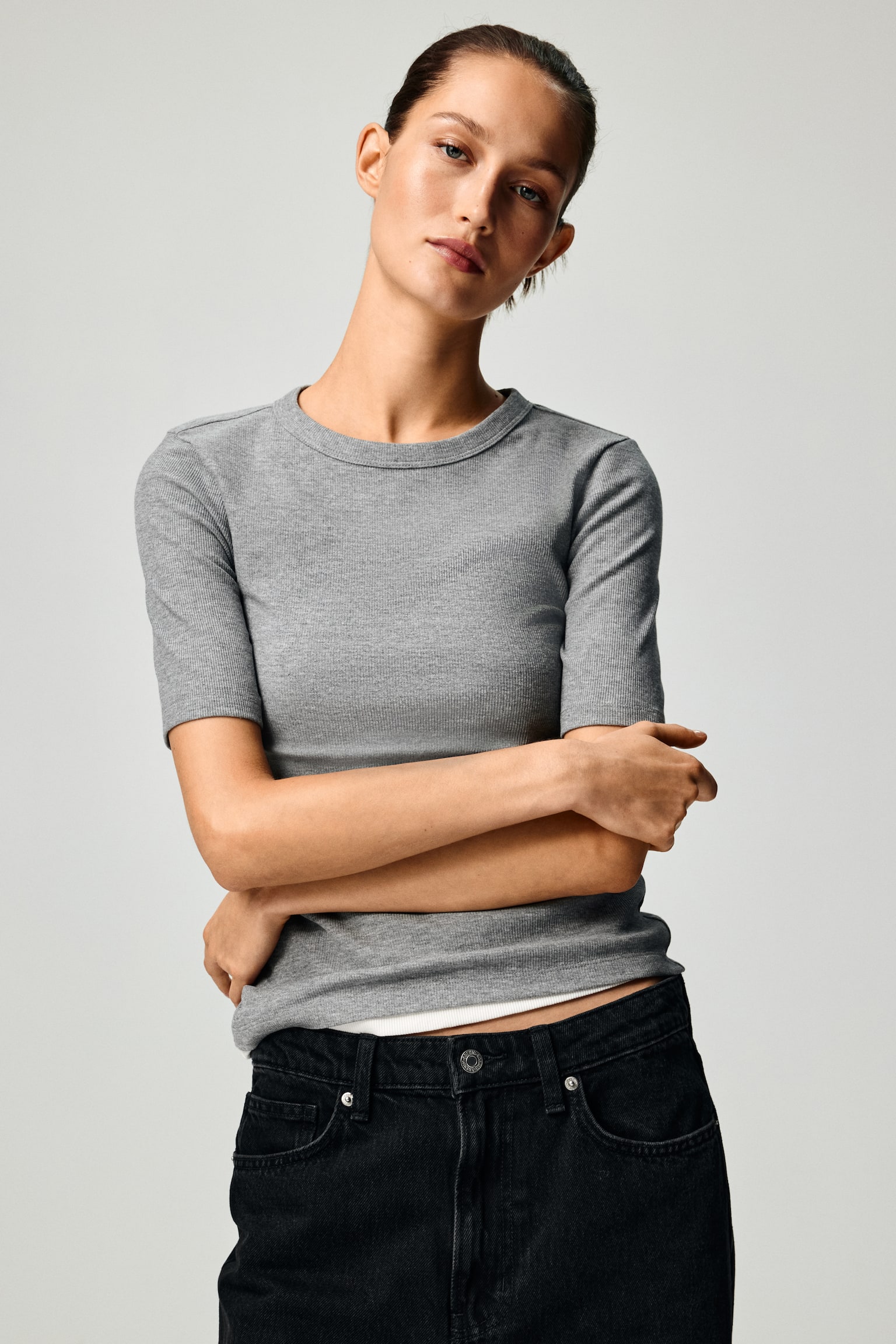 Geribd T-shirt - Grijs gemêleerd/Zwart/Roomwit/Helderrood - 4