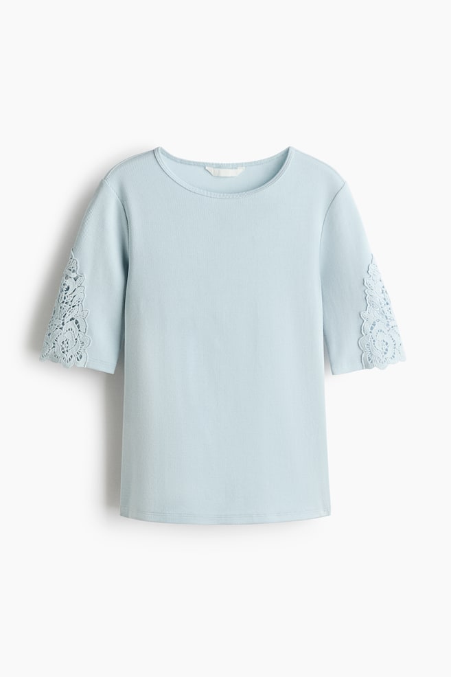 Camisola canelada com entremeios de renda - Azul claro/Amarelo claro/Branco - 1