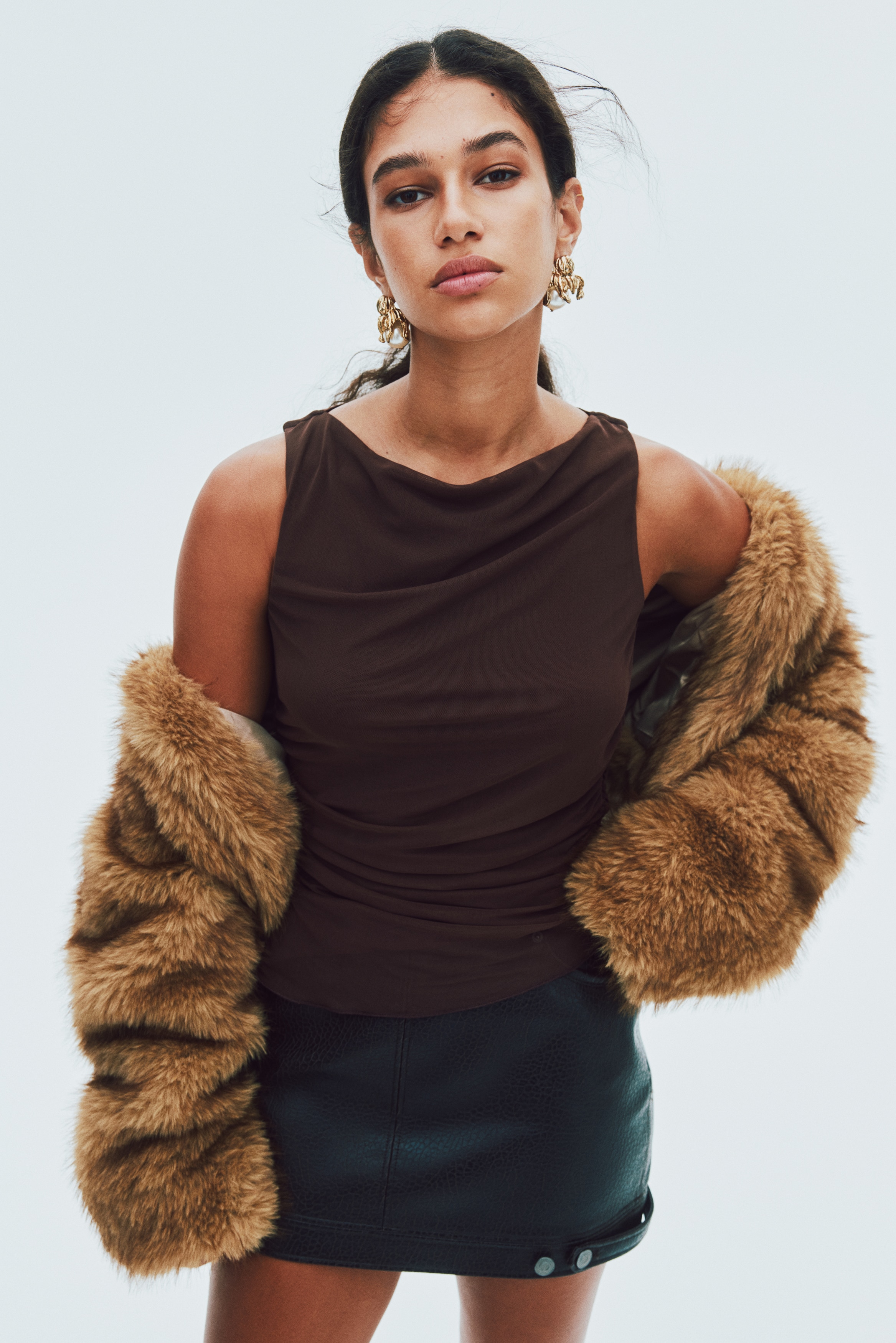 Women's Brown Draped Mesh Sleeveless Top | H&M CA