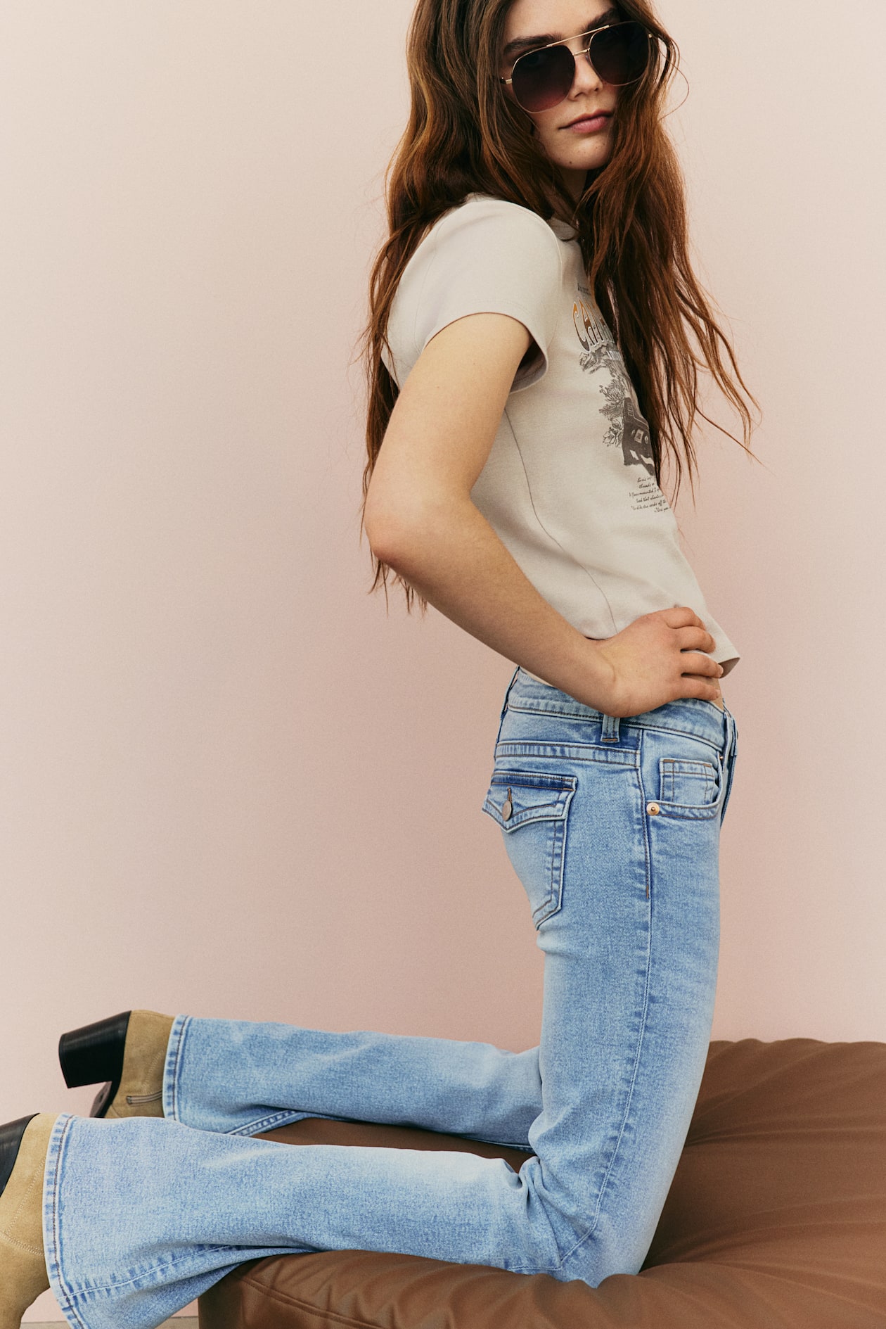 Women's Light denim blue Flared Low Jeans Low waist Slim fit