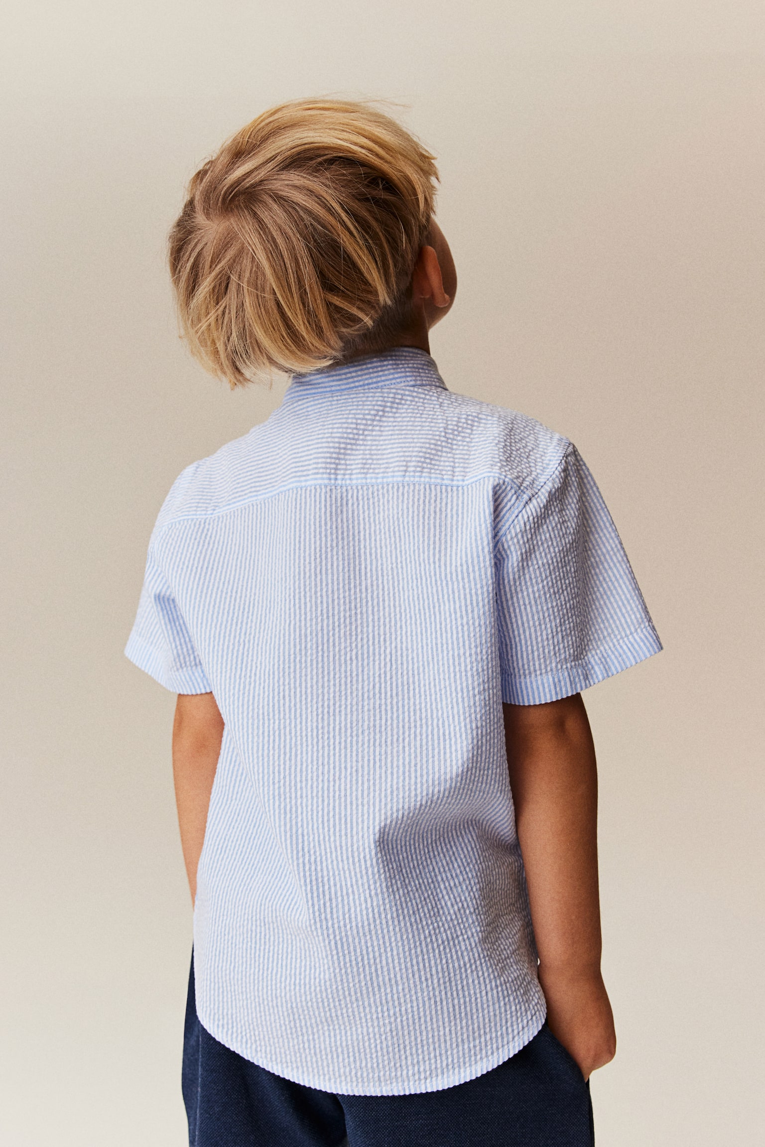 Short-sleeved cotton shirt - Light blue/Striped/White - 4