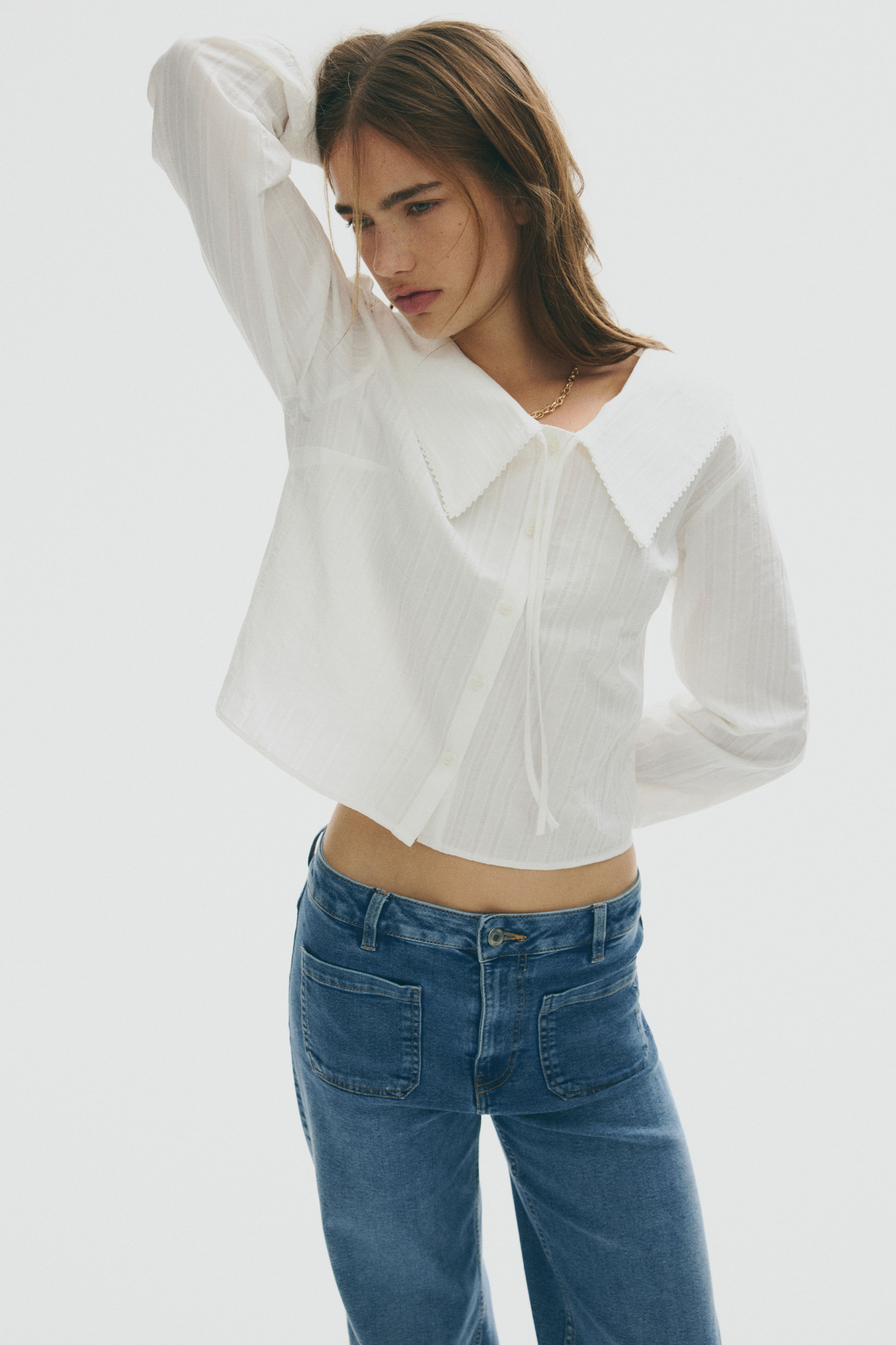 Tuta Due Pezzi Da Donna – Camicetta Con Colletto Peter Pan E Pantaloni Larghi In Finto Denim, Outfit Elegante Casual Primavera Autunno