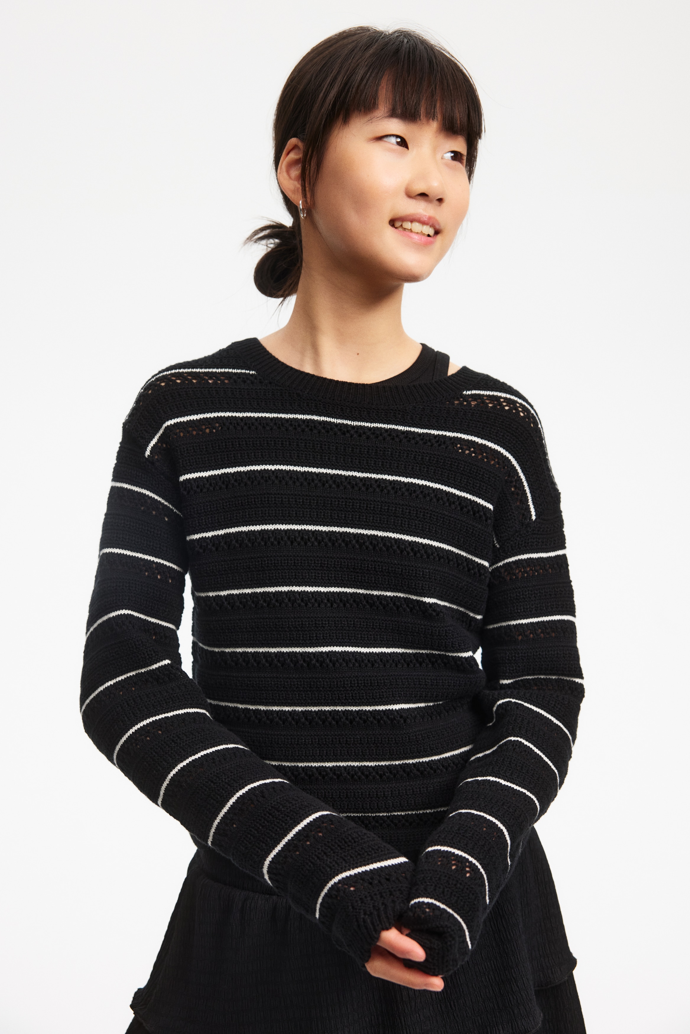 Pull en pointelle de coton - Noir/rayé/Crème/rayé