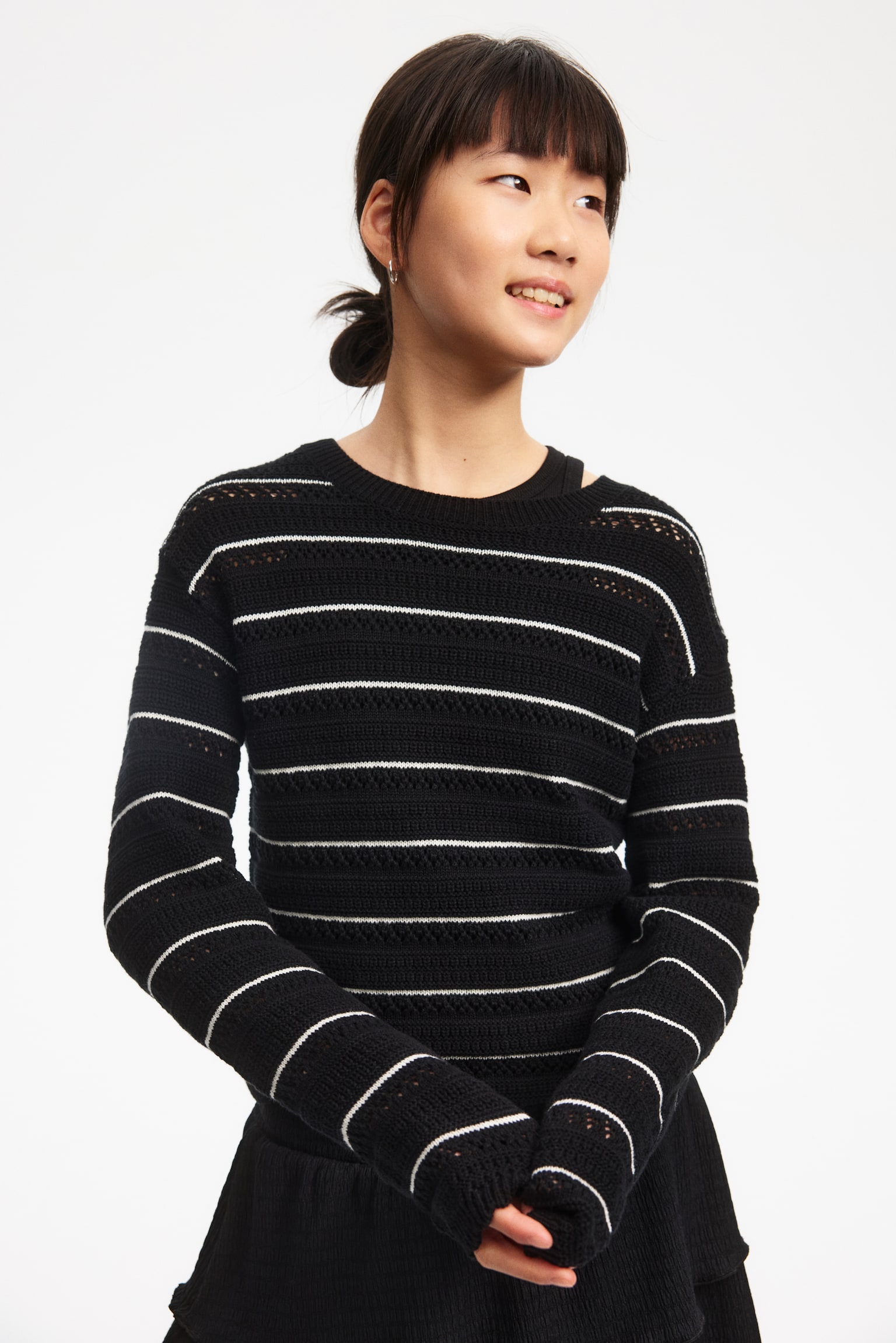 Pointelle-knit cotton jumper - Black/Striped/Cream/Striped - 1