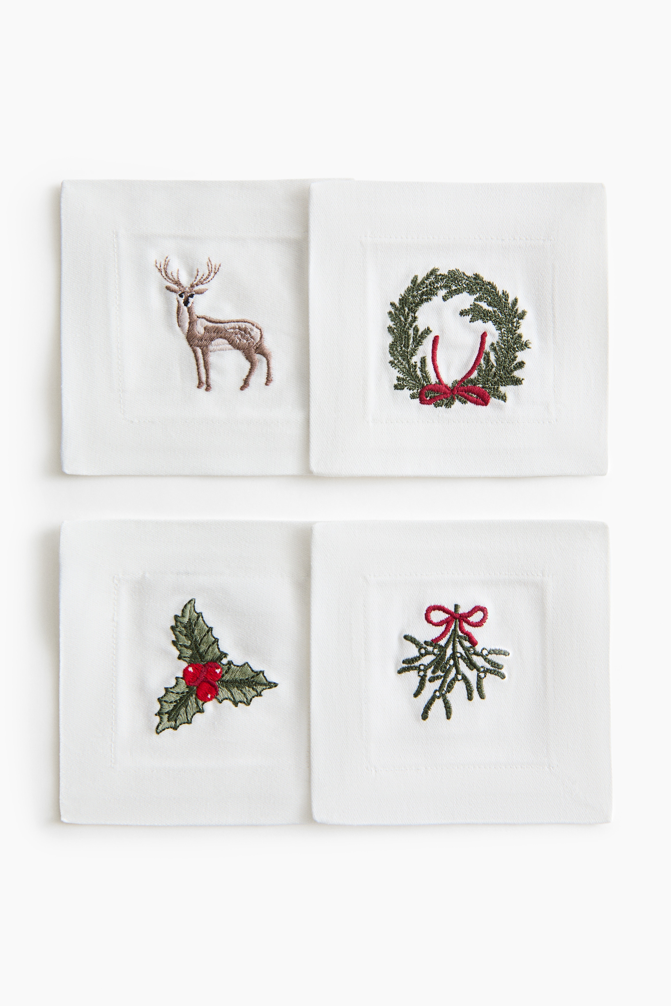 Lot de 4 sous-verres brodés en satinette - Blanc/Noël
