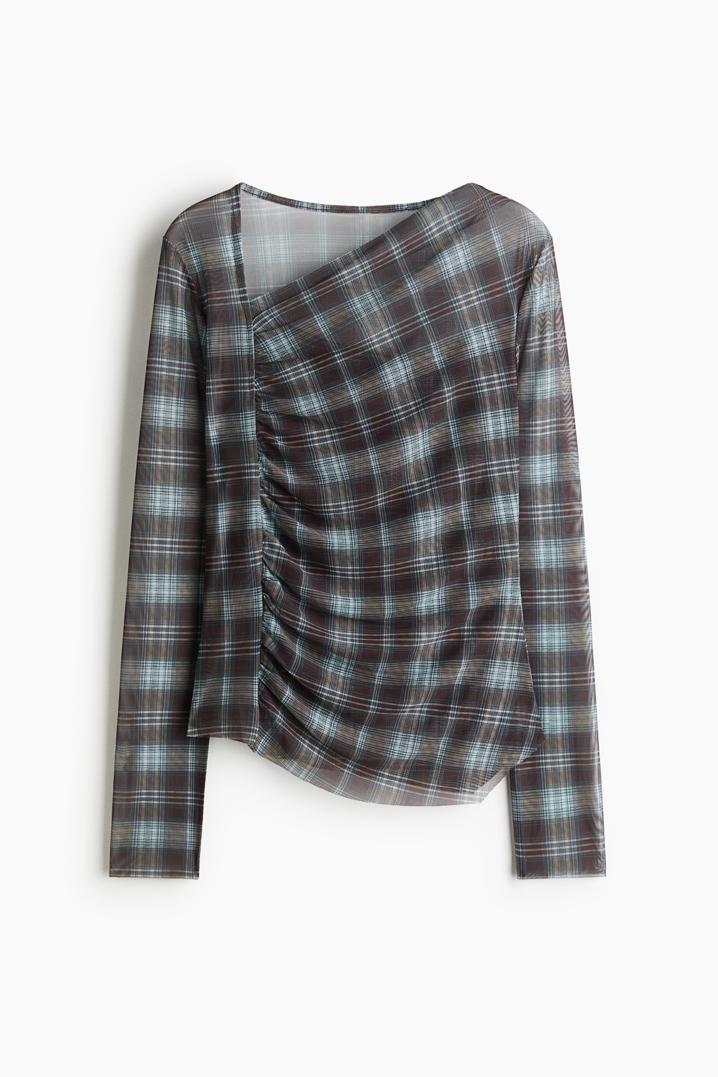 Asymmetric Mesh Top - Brown/plaid/Light turquoise/checked