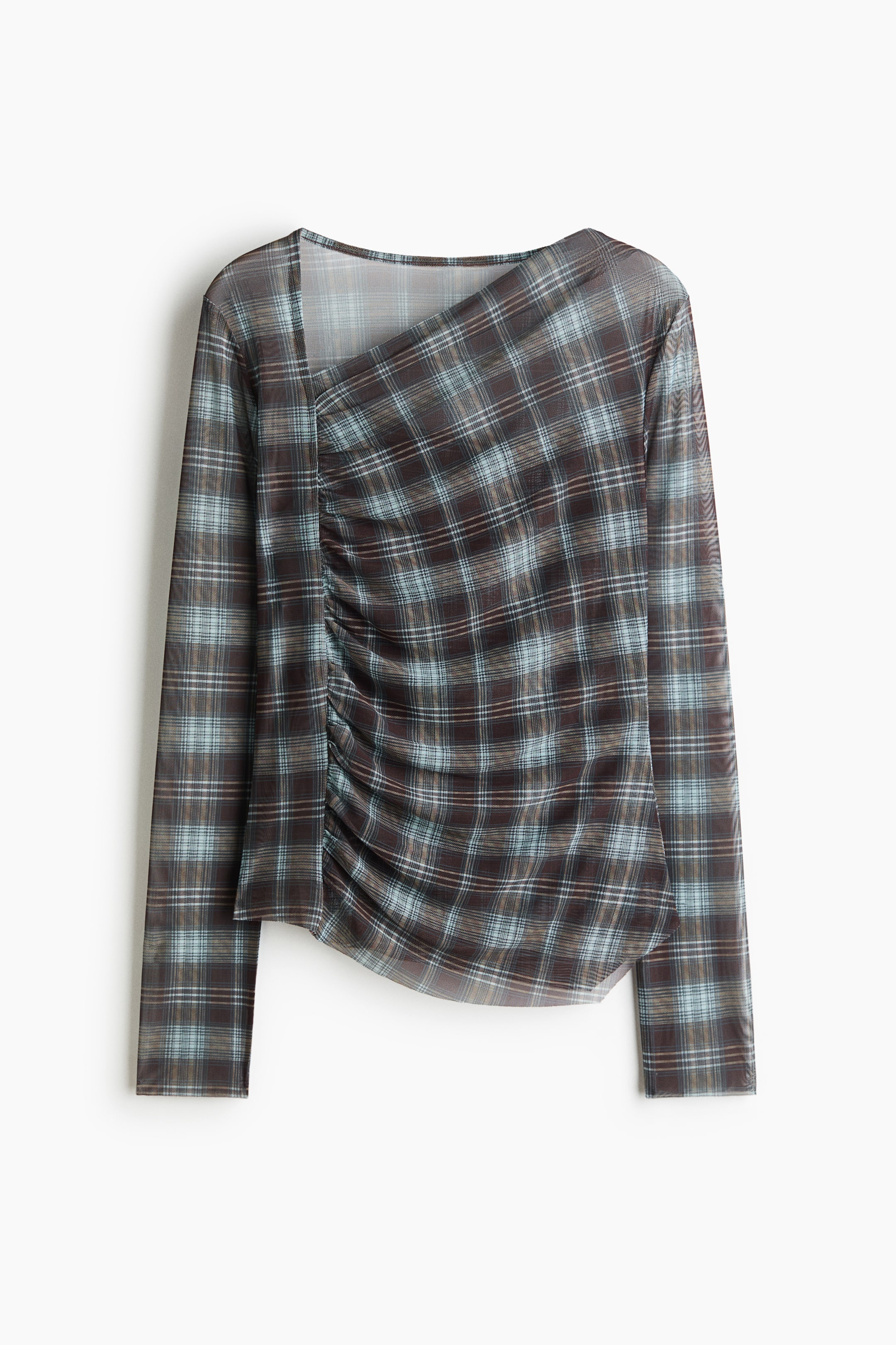 View larger image: A long-sleeve mesh top features a blue and brown plaid pattern with an asymmetrical neckline. The garment has a vertical ruched seam on the front, creating draped folds across the body, and finishes with an asymmetrical hem.