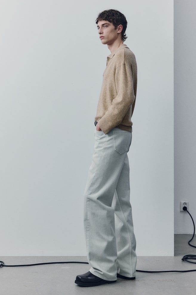 Wool-Blend Polo Sweater-Beige melange - 5