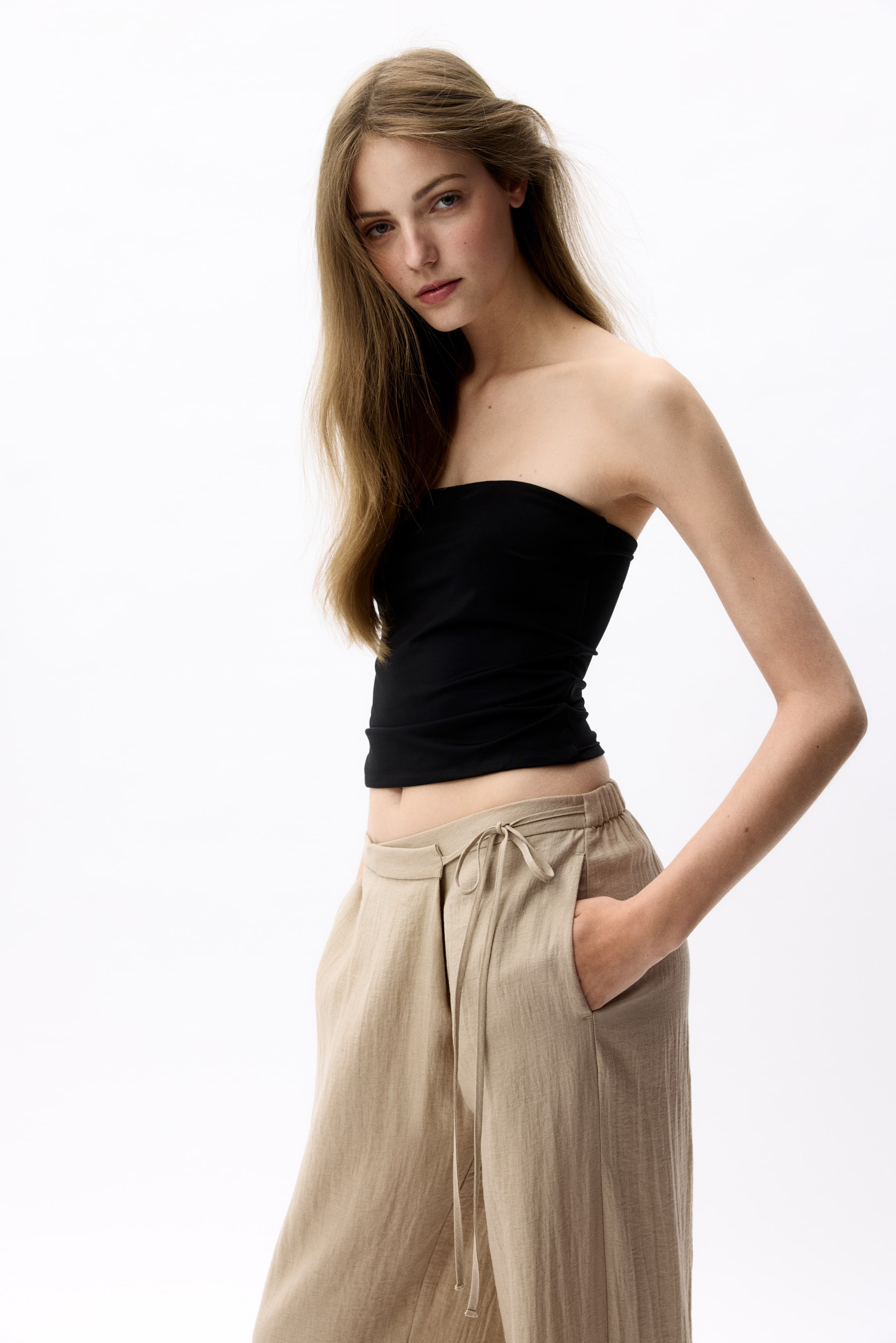 Pantalon à pan croisé en lin mélangé