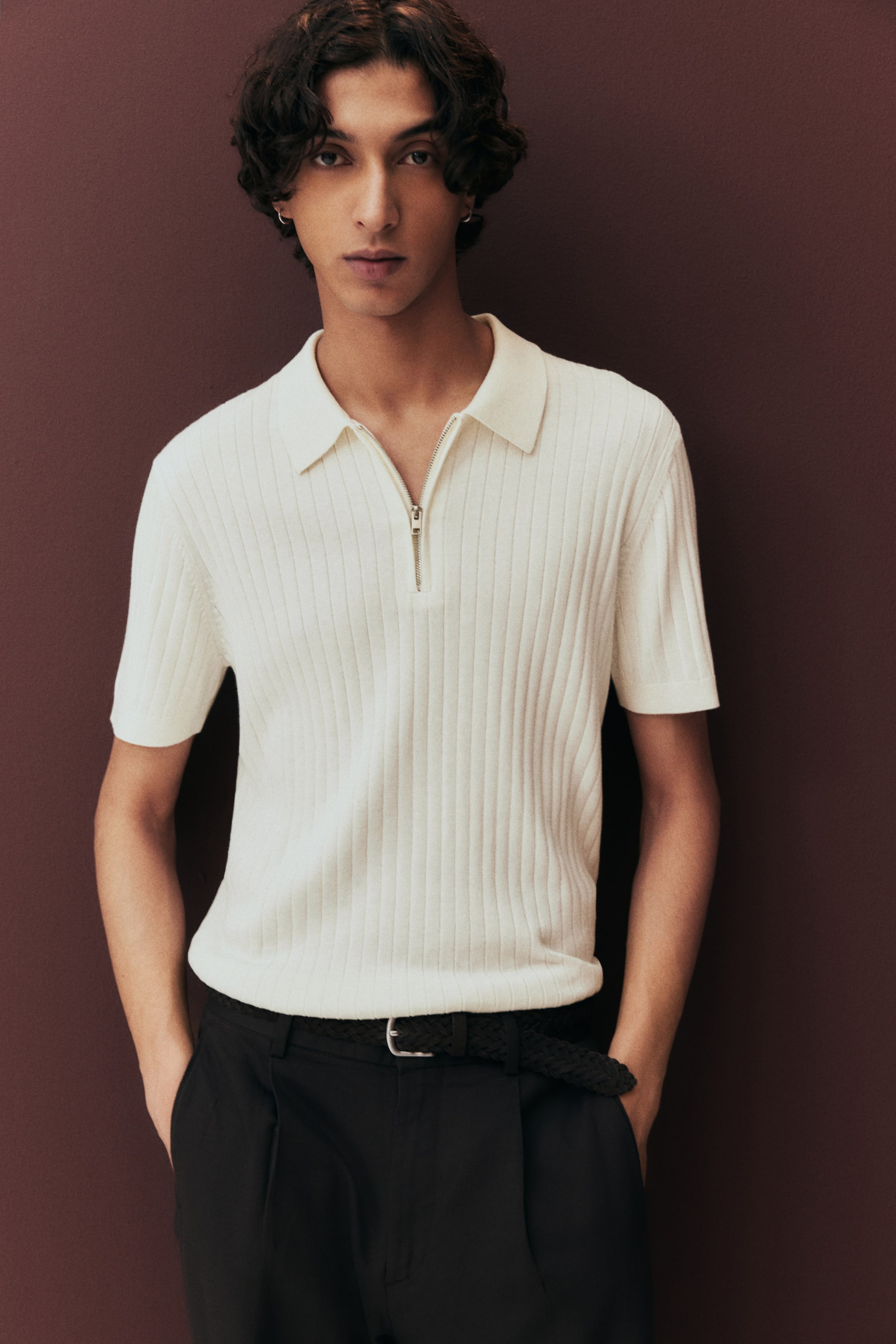 Ver imagem maior: Polo com fecho éclair Slim Fit - Creme - HOMEM | H&M PT 1