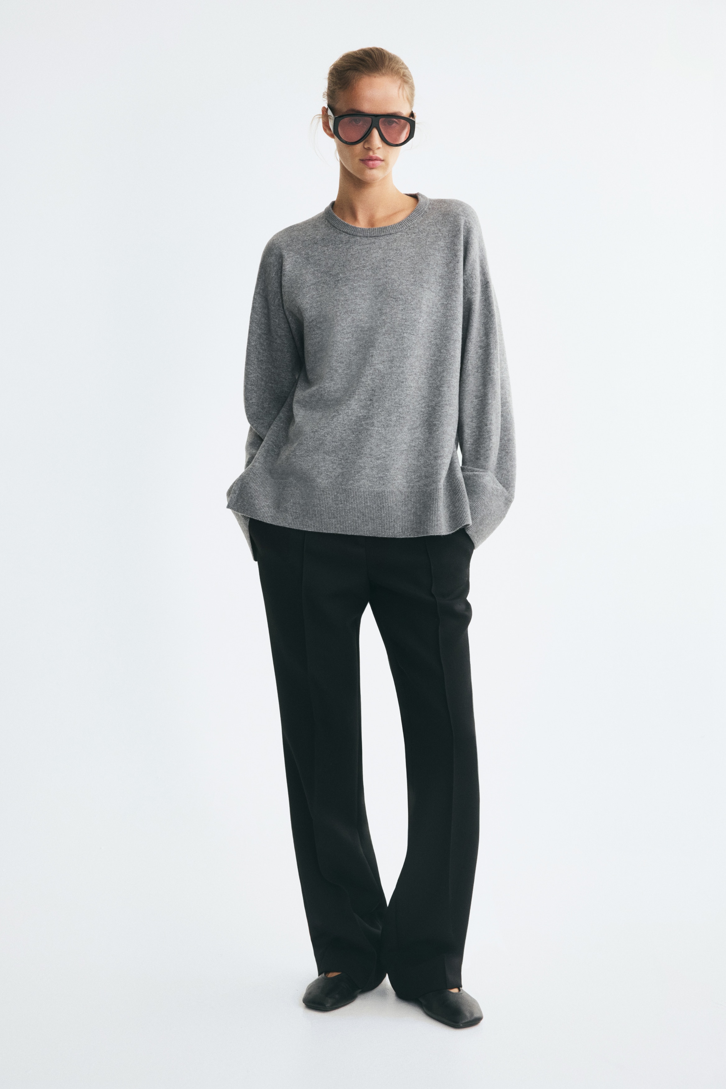 Áo jumper dáng thụng - Màu xám đốm/Màu xanh dương đậm/Màu xanh dương đậm/Kẻ trắng