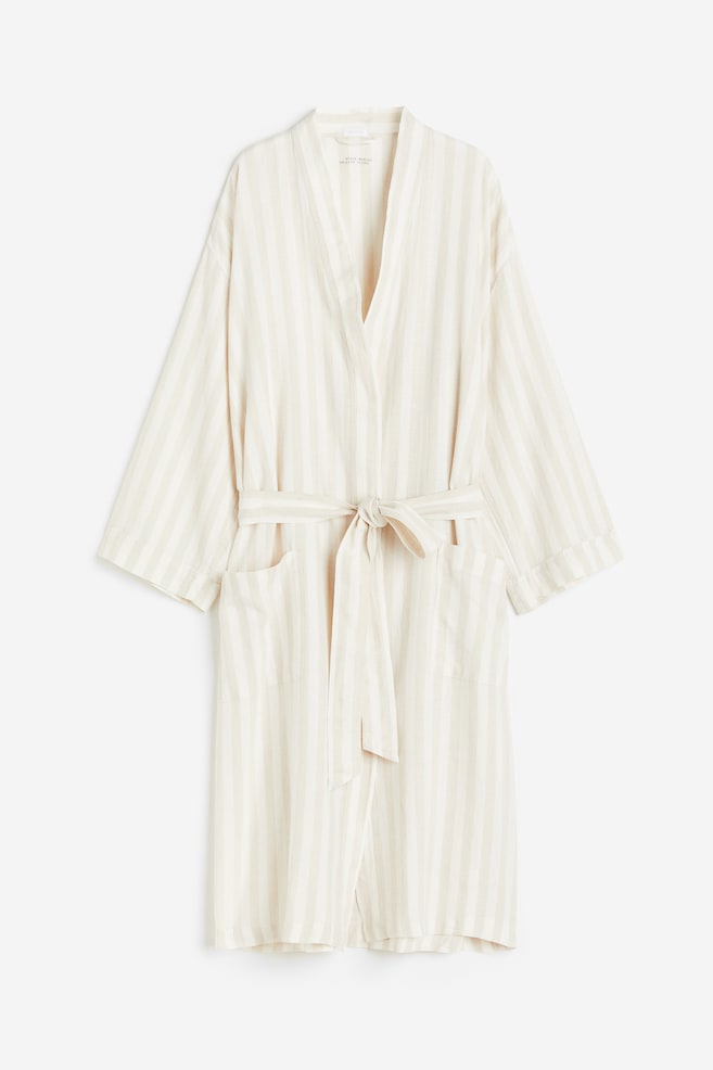 Linen-blend dressing gown - Light beige/Striped - 1