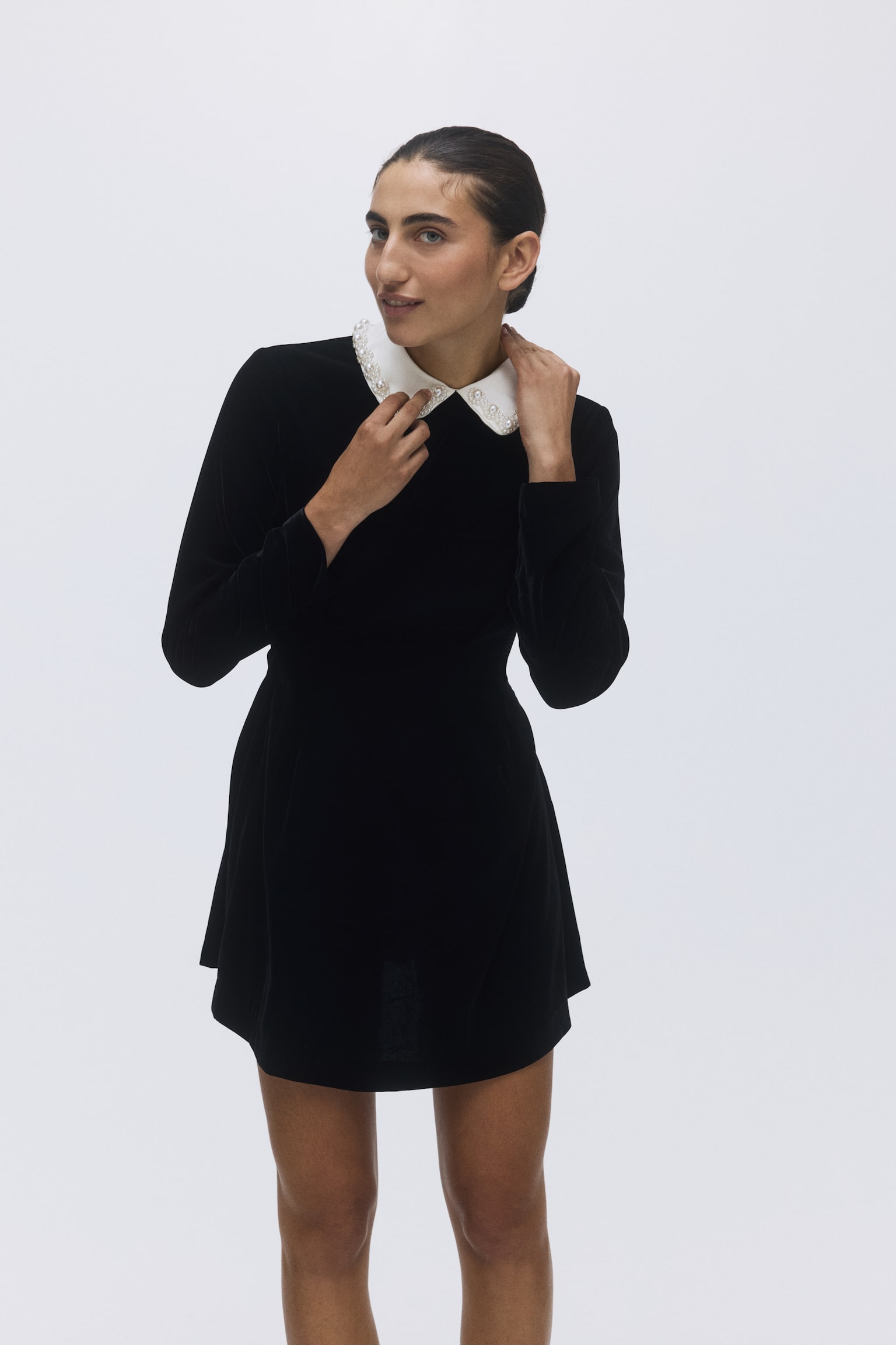 Collared velvet dress - Black/White - 1