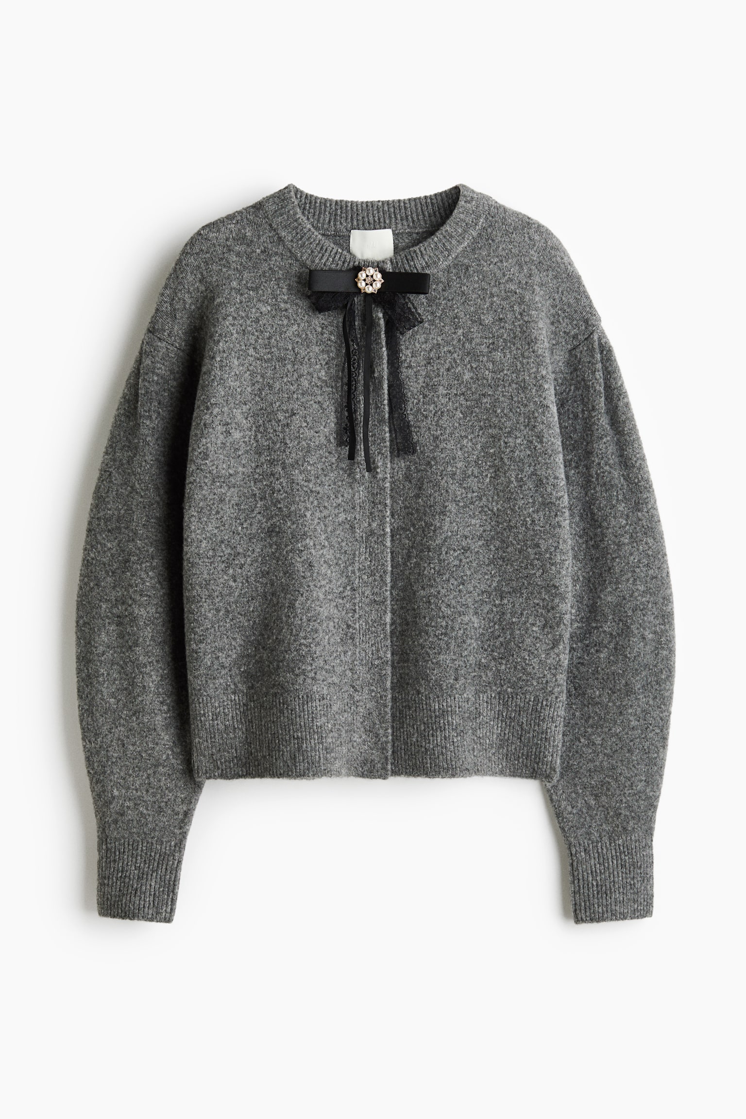 Женский кардиган H&M Bow-Detail Puff-Sleeved, цвет: Серый меланжевый — фото 1