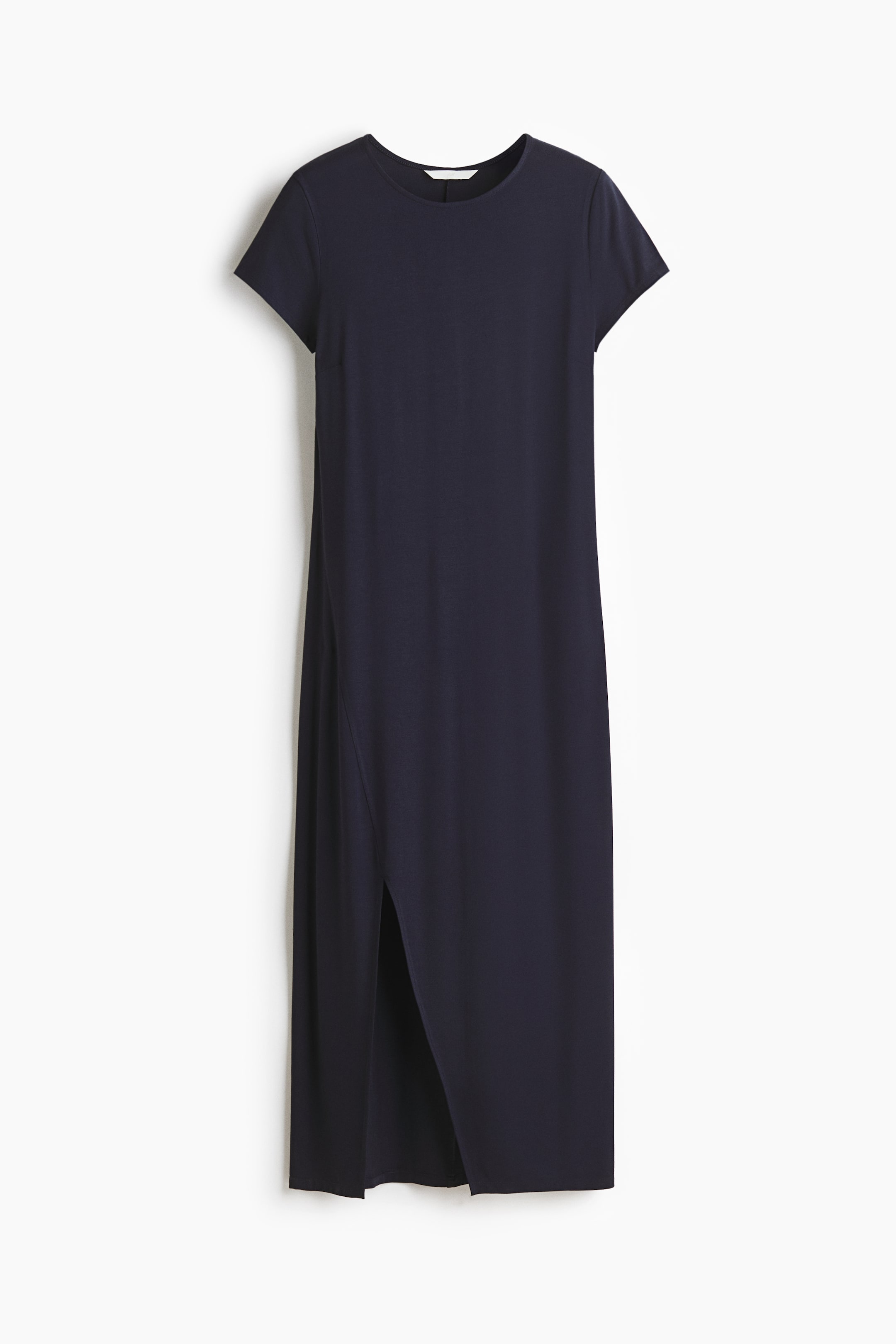 View larger image: A dark blue midi dress is facing front, featuring a crew neck and short sleeves. It is presenting a straight silhouette with a high side slit on the left side.