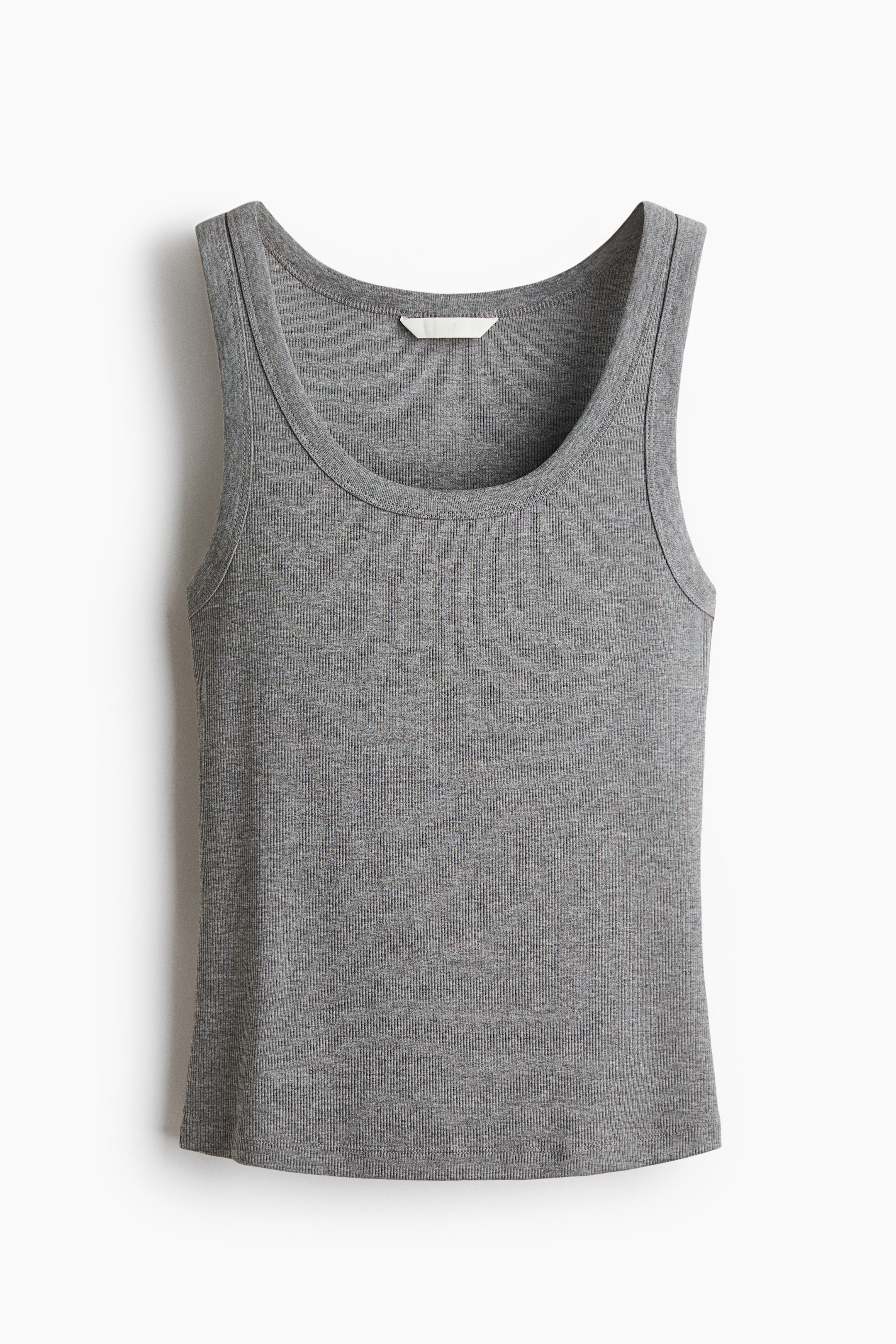 View larger image: A grey ribbed knit tank top is shown front-facing, featuring a scoop neckline and wide shoulder straps. The garment has a straight hemline.