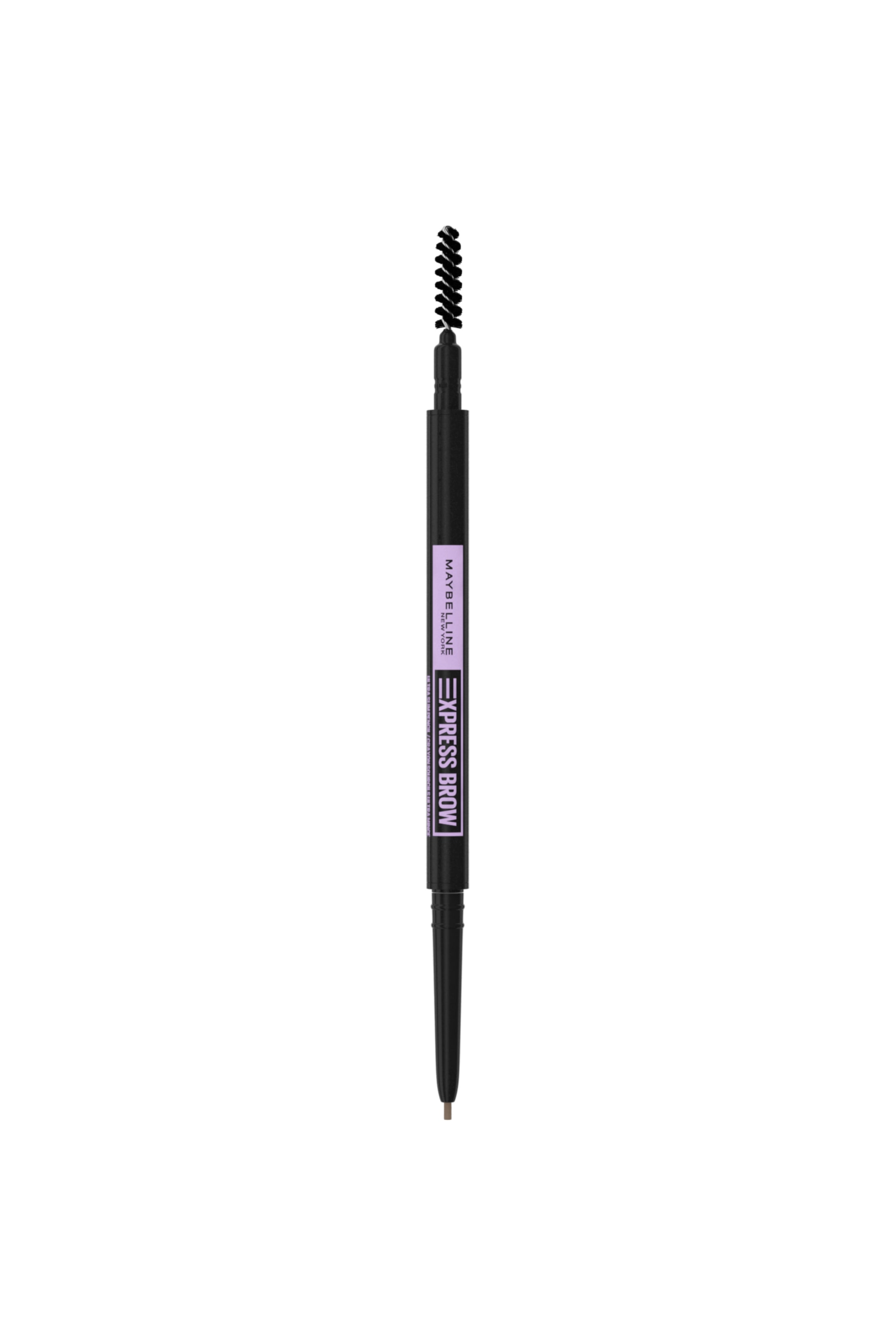 Se større billede: En Maybelline Express Brow-blyant står lodret og fremviser et dobbeltsidet design med en sort spoolie-børste øverst og en fin, udtrækkelig brun blyantsspids nederst. Den sorte, cylindriske krop har en lilla etiket i midten, der viser brandet og produktnavnet.