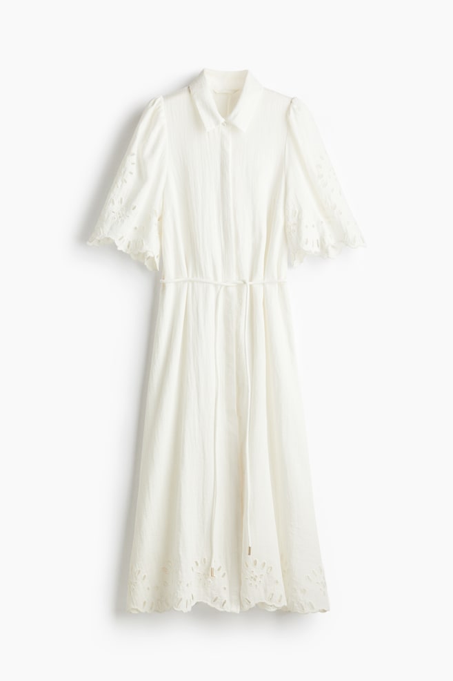 Broderie Anglaise Shirt Dress - White/Blue - 1
