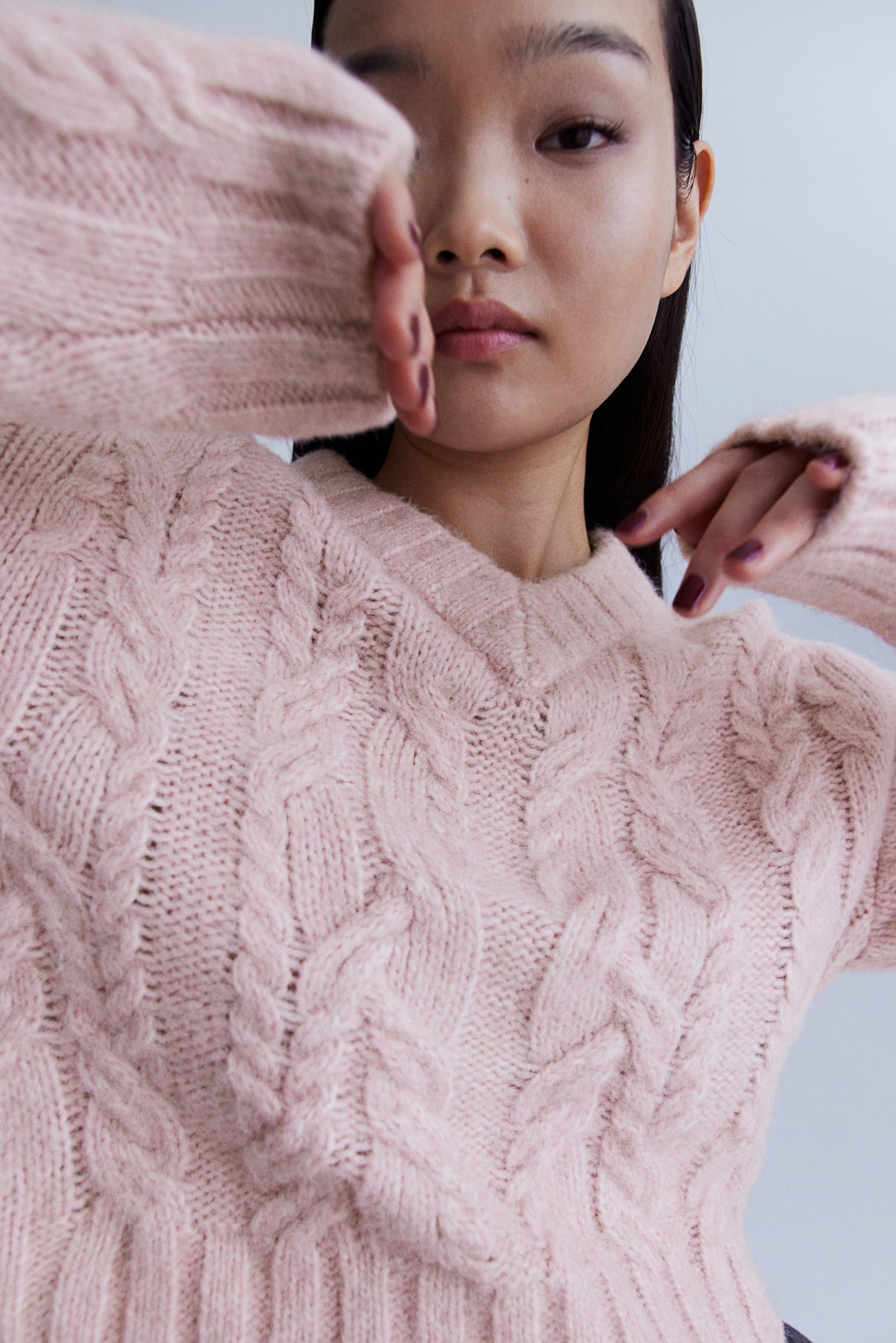 V-neck cable-knit jumper - Light dusty pink/Cream - 3