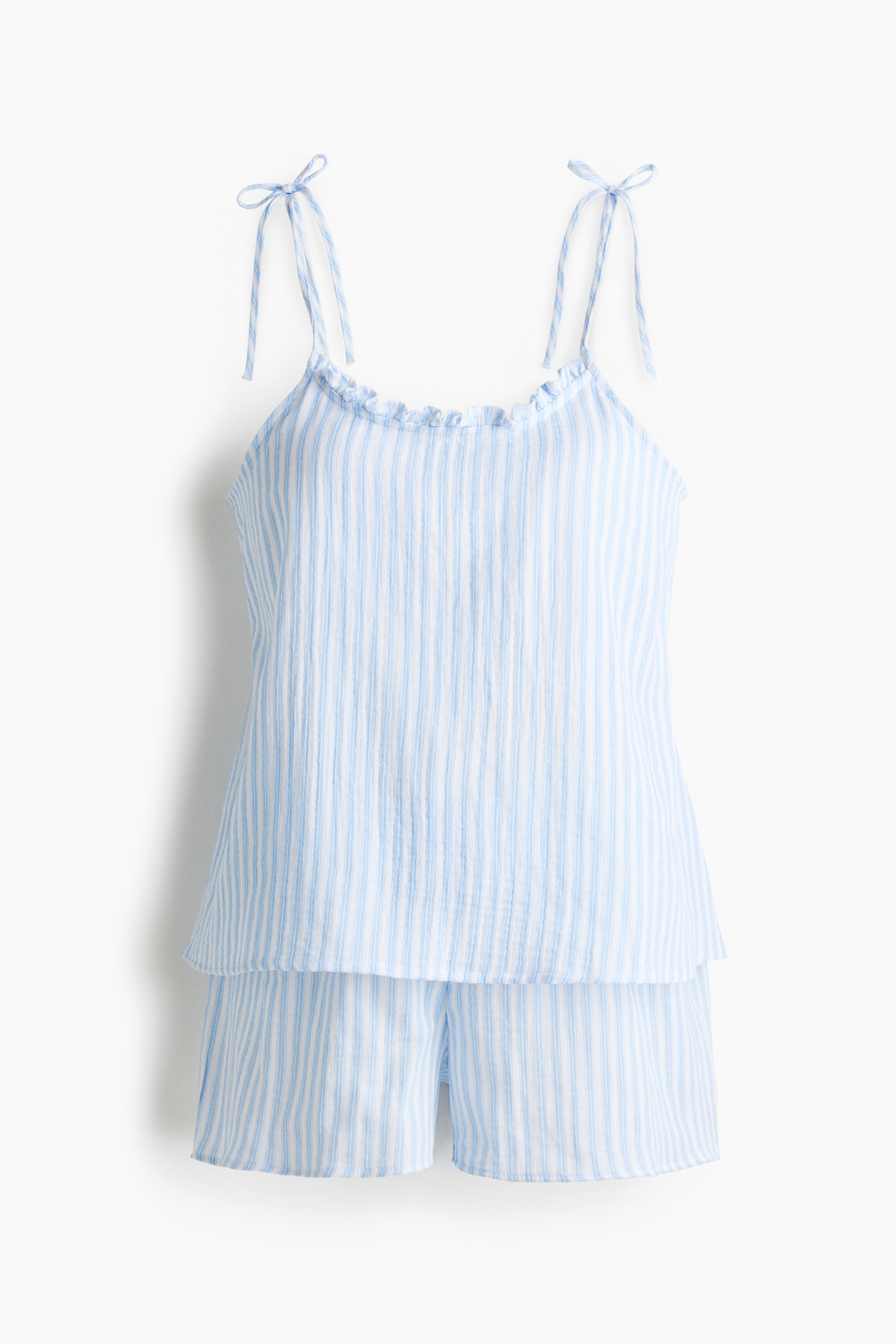 MAMA Pamuklu Muslin Pijama Takımı - Beyaz/Açık mavi çizgili/Beyaz/Çiçekli