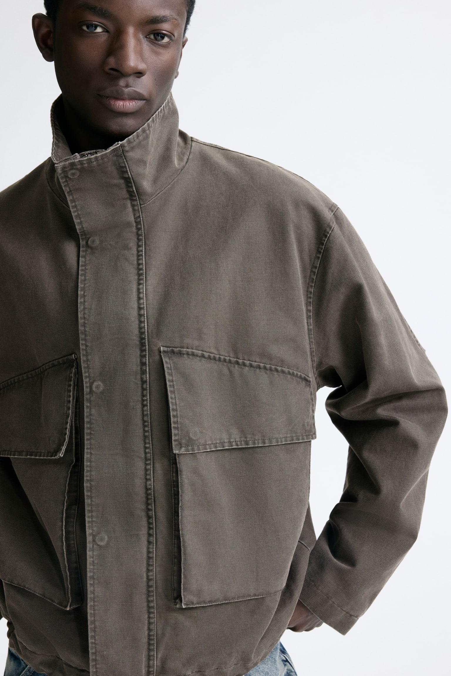 スタンドカラージャケット - ダークカーキグリーン - 5