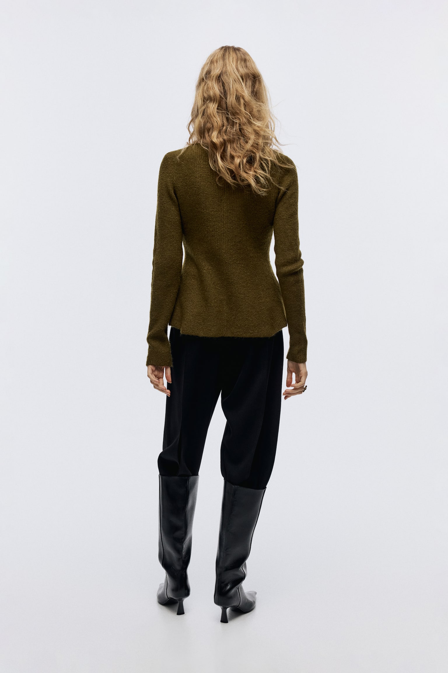 リブニットペプラムカーディガン - ダークカーキグリーン/ライトグレーメランジ/ブラック - 4