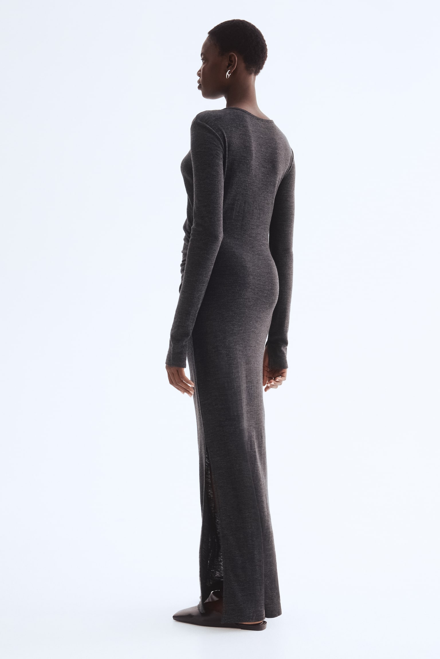 Μακρύ μάλλινο φόρεμα - Σκούρο γκρι μελανζέ/Σκούρο καφέ - 4