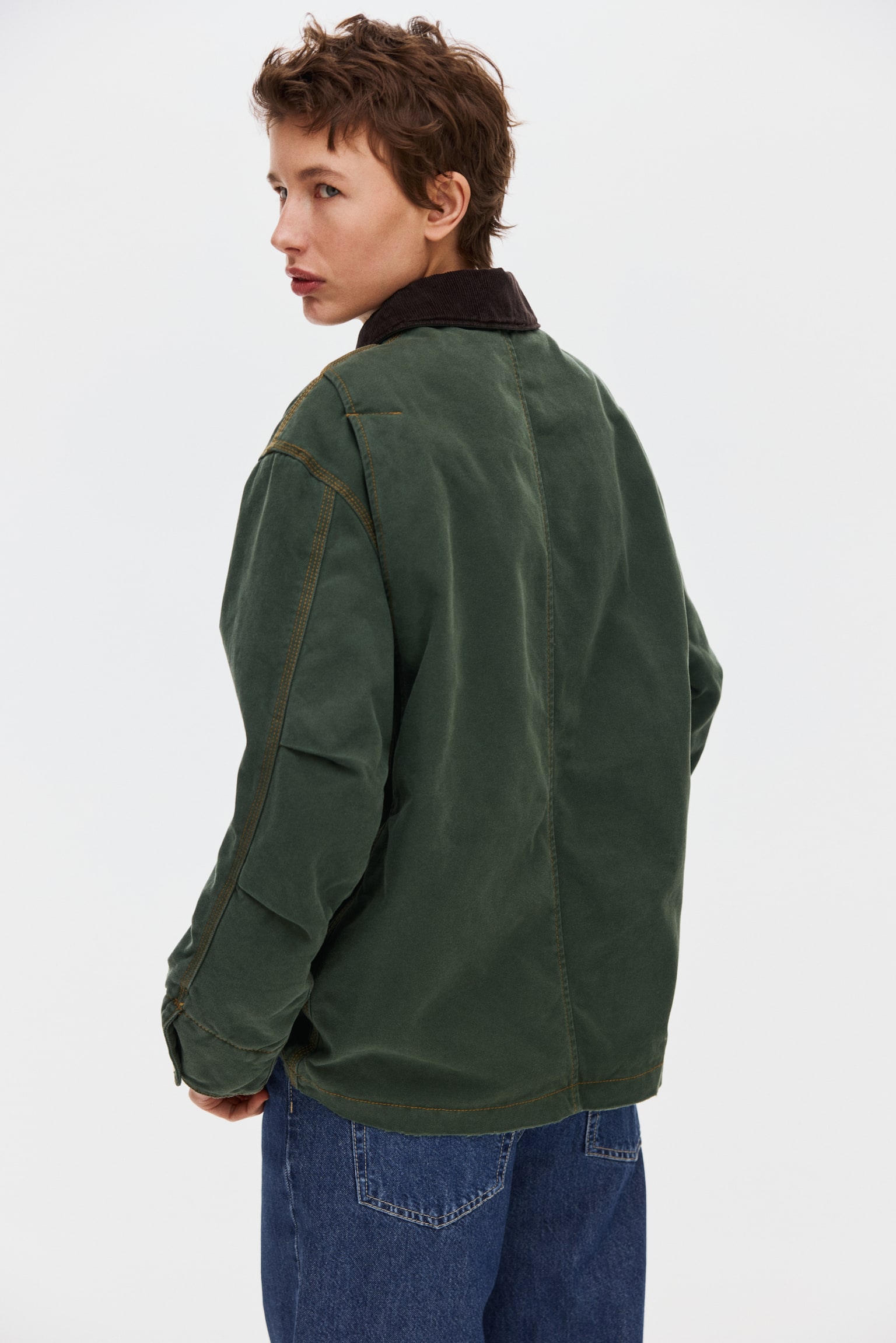 Oversized corduroy-collar jacket - Dark green - 3