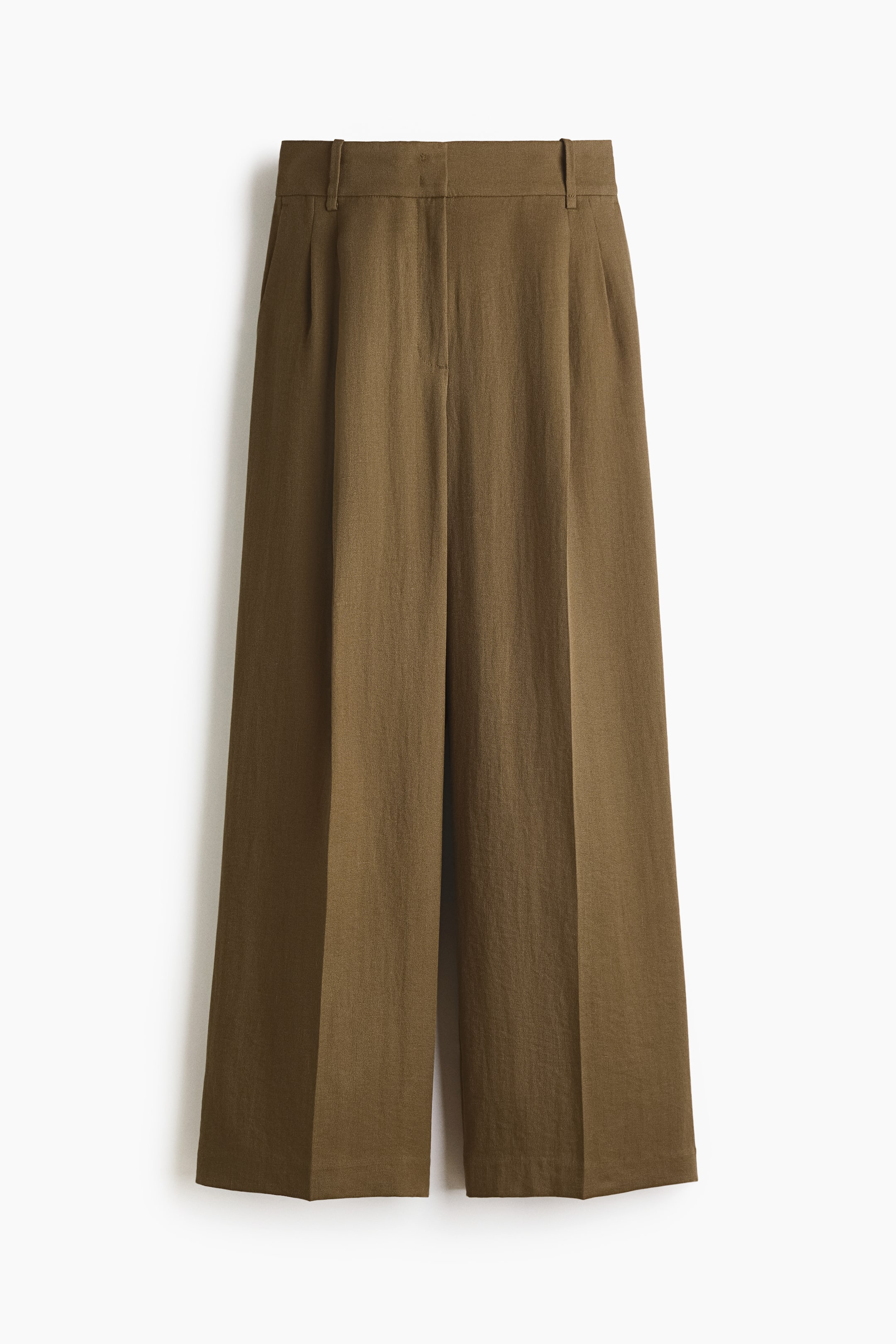 View larger image: The dark olive brown trousers are displayed front-facing, showcasing a high waistband with belt loops. Two pleats extend down each front leg, culminating in a wide-leg cut and straight hem.