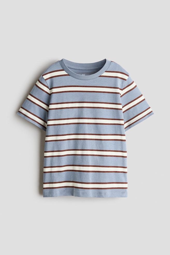 A light blue cotton jersey t-shirt is facing front, featuring a printed design of horizontal white and brown stripes. The t-shirt is displaying a round, ribbed neckline and short sleeves with gently dropped shoulders. - 1