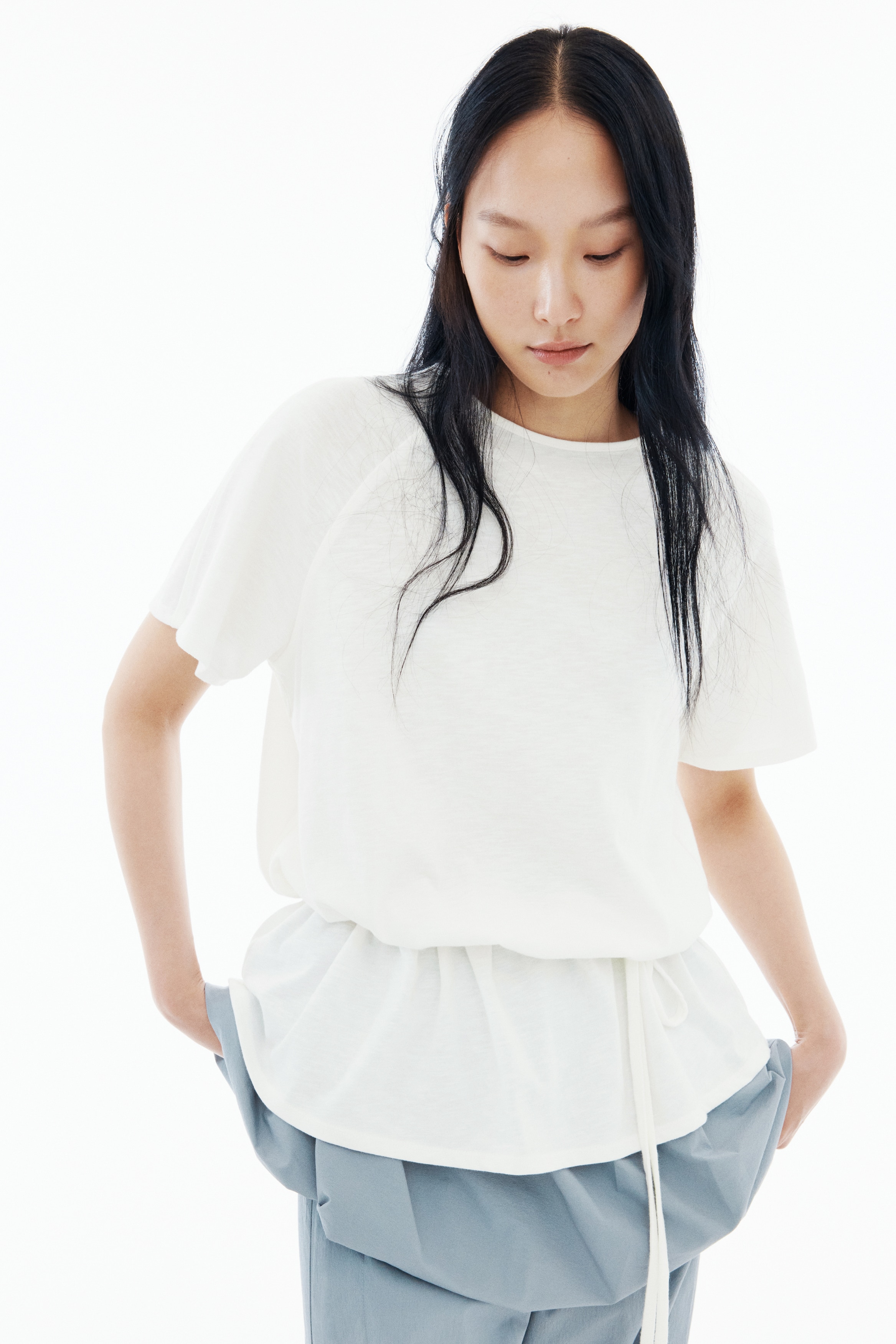Drawstring-Detail Top - Ivory/Gray melange/Pale yellow