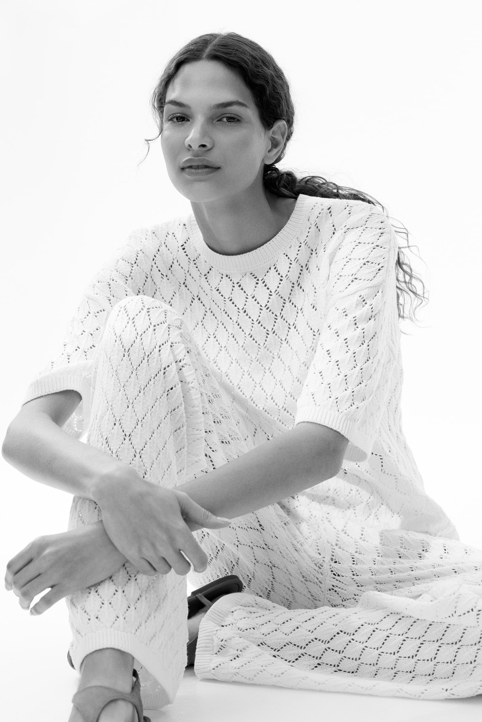 Pantaloni tricotați cu model pointelle - Crem - 5