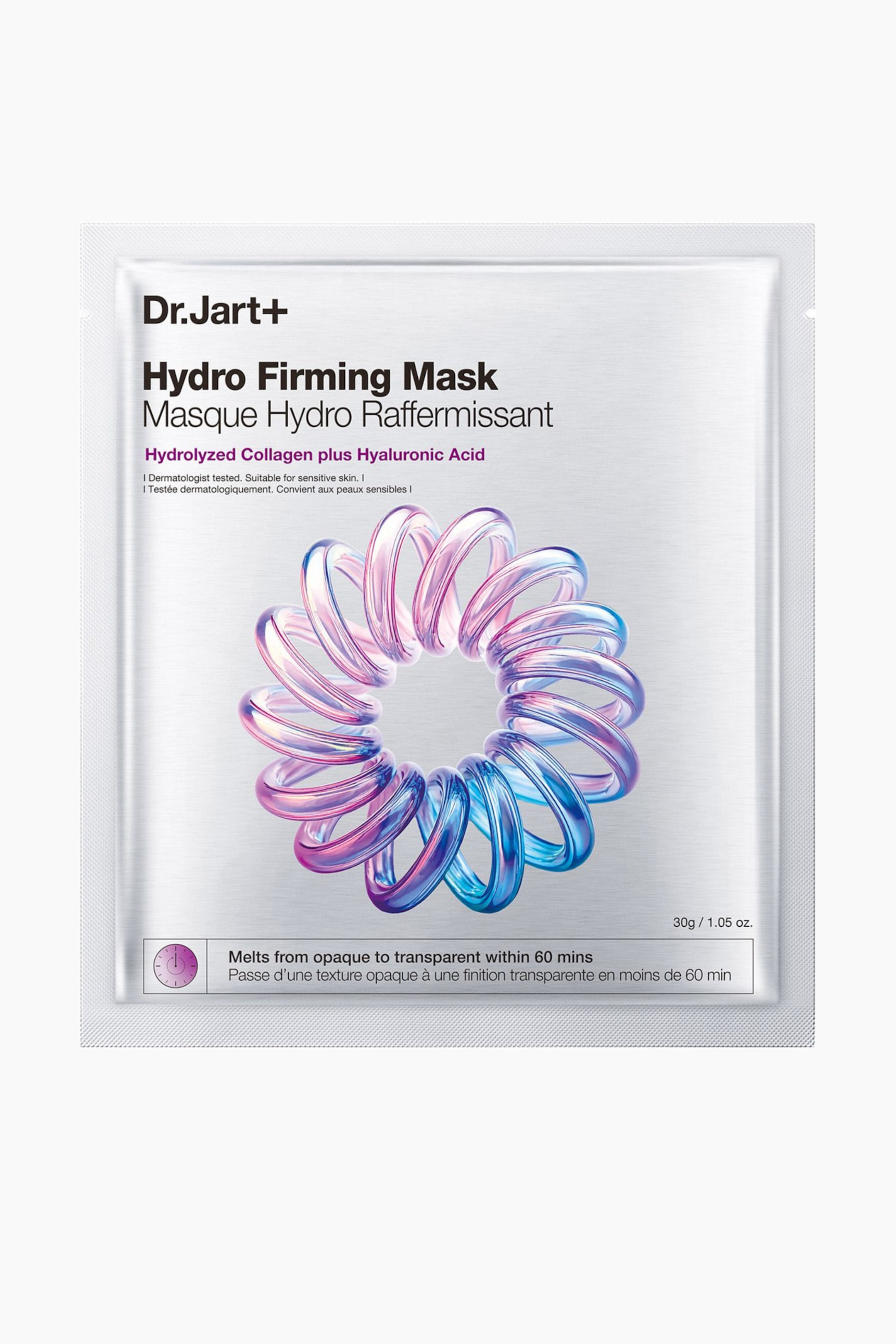 Visa större bild: En rektangulär Dr.Jart+ Hydro Firming Mask-förpackning har en silverborstad metallyta på framsidan. Förpackningen visar produktnamnet, "Hydrolyserat Kollagen plus Hyaluronsyra," samt en central cirkulär grafik med spiralformade, genomskinliga rosa, lila och blå rörliknande element.