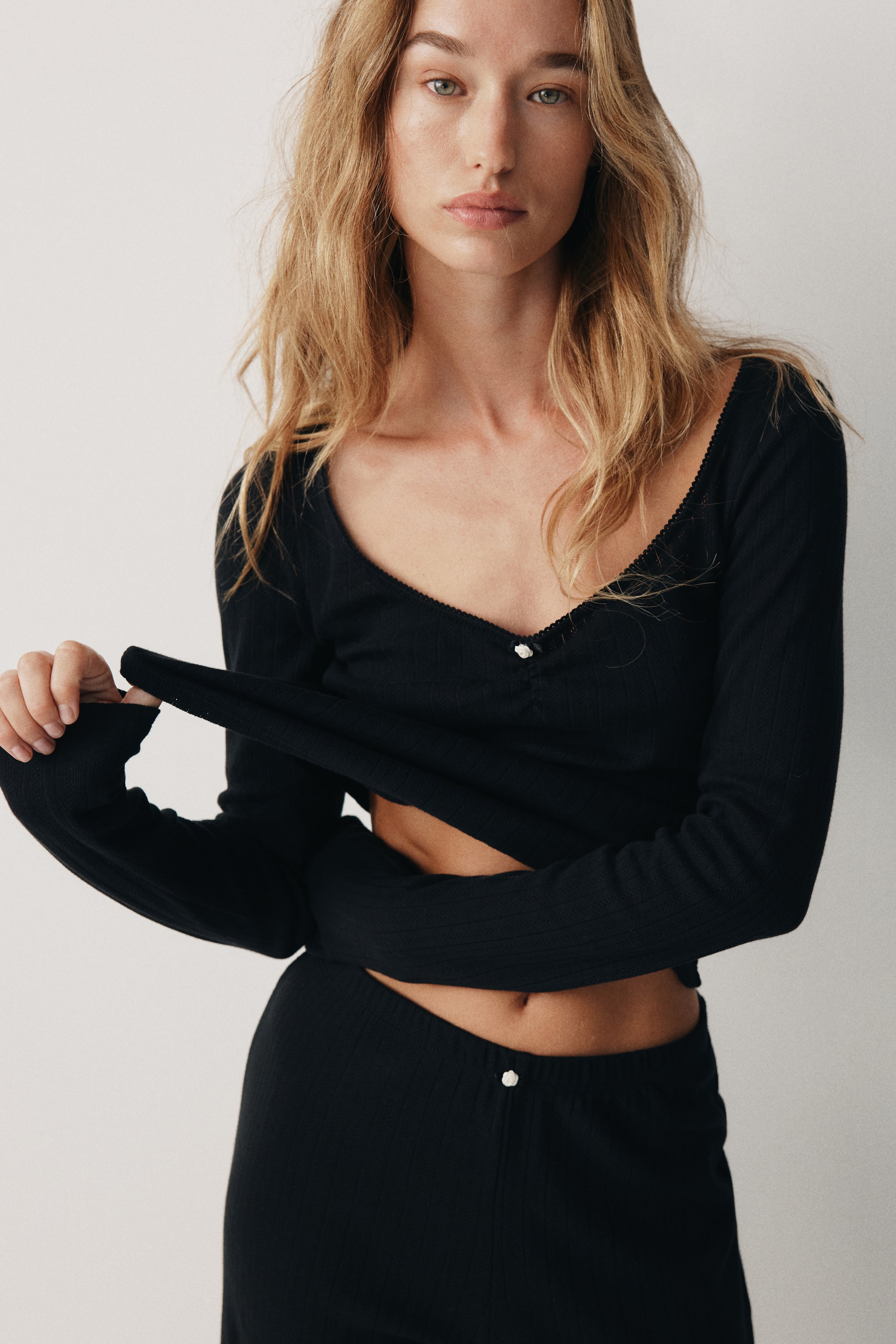 View larger image: Cotton pointelle pyjamas - Black - Ladies | H&M MY 3